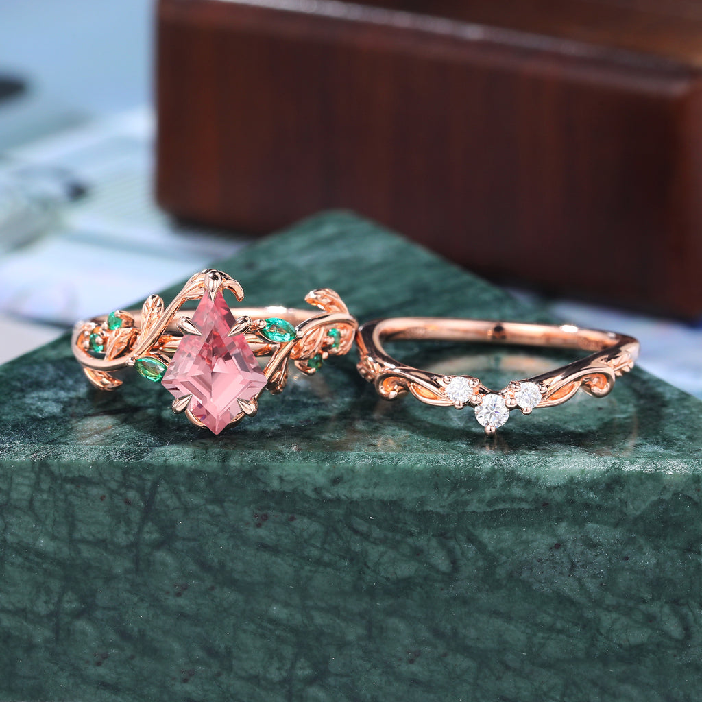 Vintage kite cut Lab Pink Sapphire Engagement Ring Set,  Rose/white/yellow gold Bridal Wedding band  S925/10k/14K/18k gold