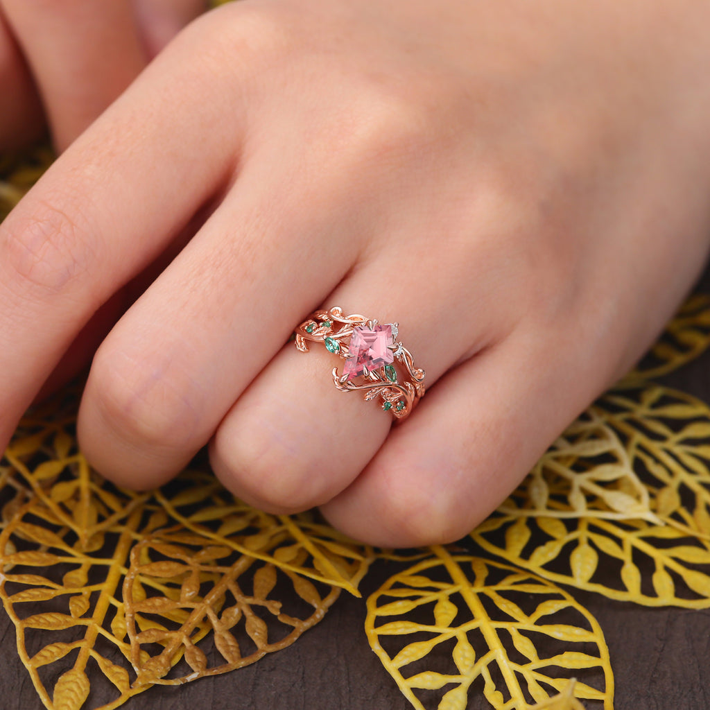 Vintage kite cut Lab Pink Sapphire Engagement Ring Set,  Rose/white/yellow gold Bridal Wedding band  S925/10k/14K/18k gold