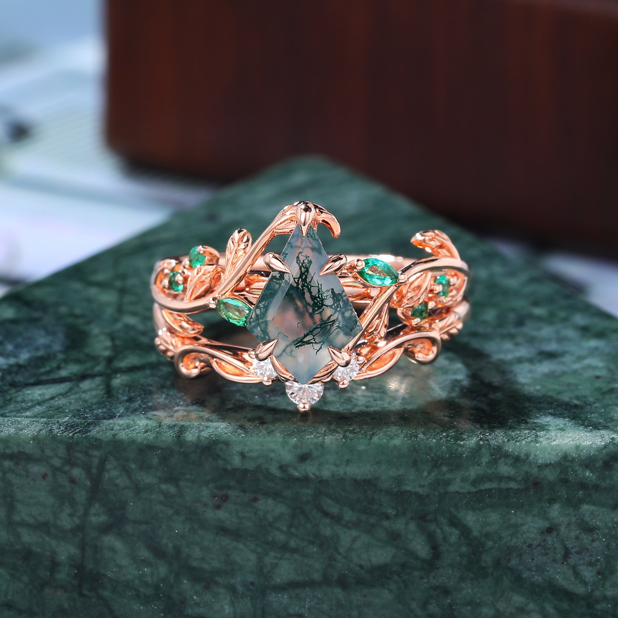 Unique kite cut Moss Agate Engagement ring set  unique rose/yellow/white gold wedding band promise ring set bridal ring  S925/10K/14K/18K
