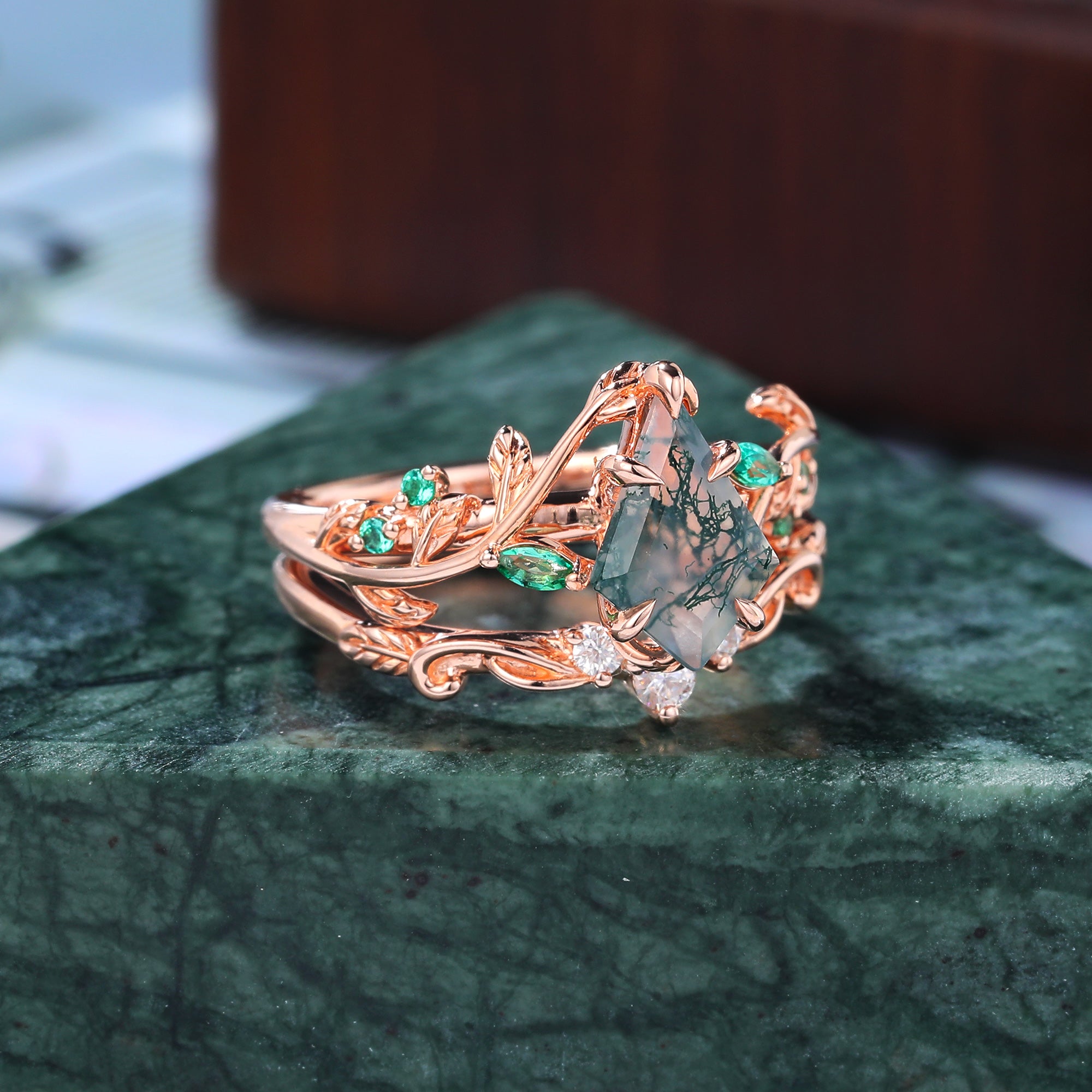 Unique kite cut Moss Agate Engagement ring set  unique rose/yellow/white gold wedding band promise ring set bridal ring  S925/10K/14K/18K