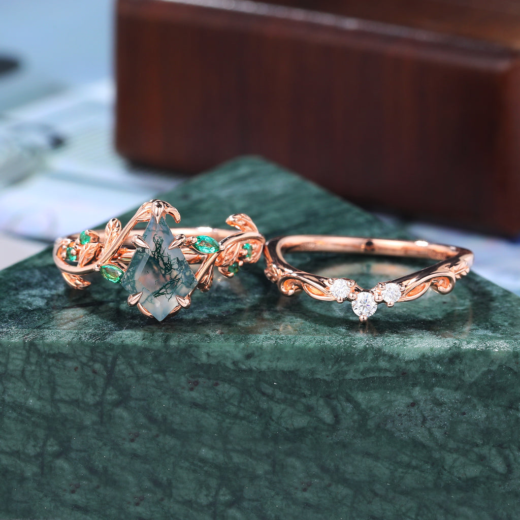 Unique kite cut Moss Agate Engagement ring set  unique rose/yellow/white gold wedding band promise ring set bridal ring  S925/10K/14K/18K