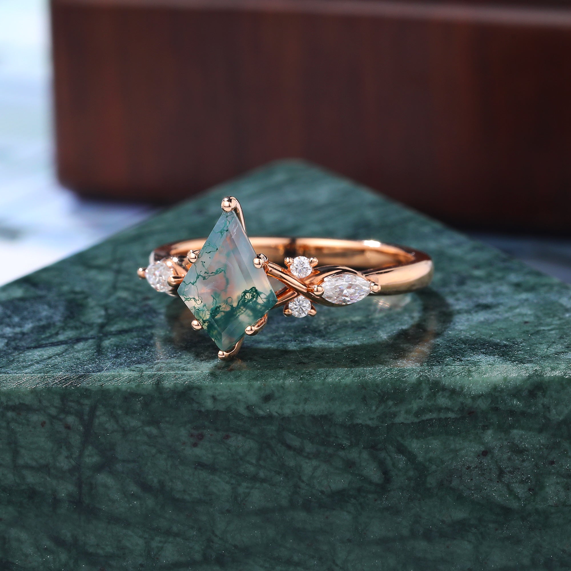 Kite cut Moss Agate engagement ring, Unique Anniversary Gift. S925/10k/14k/18k gold rose gold ring