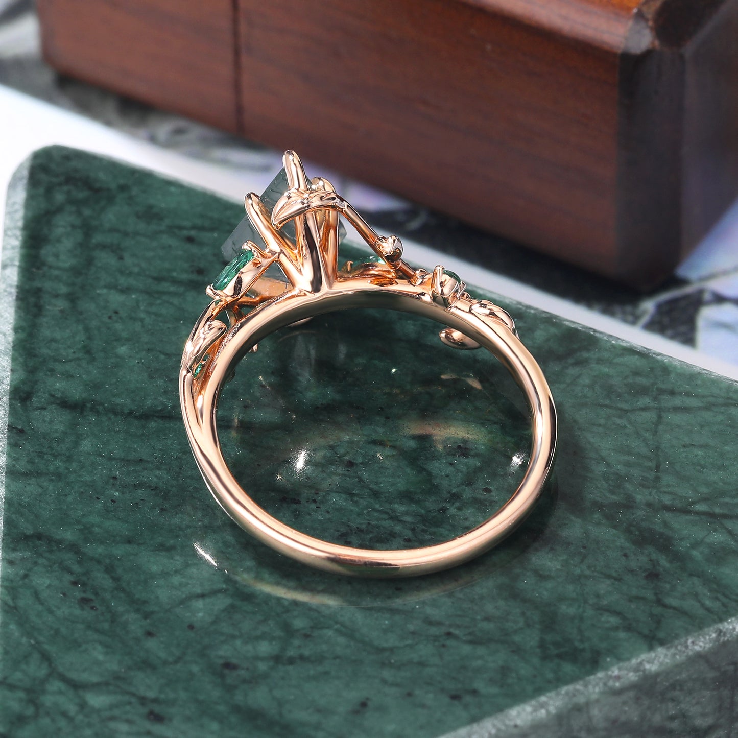 Unique kite cut moss agate engagement ring,10k/14k/18k/925silver Lab emerald ring.