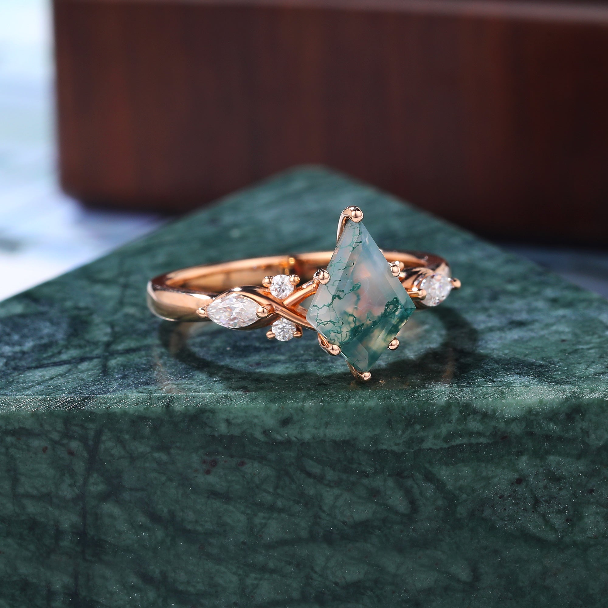 Kite cut Moss Agate engagement ring, Unique Anniversary Gift. S925/10k/14k/18k gold rose gold ring