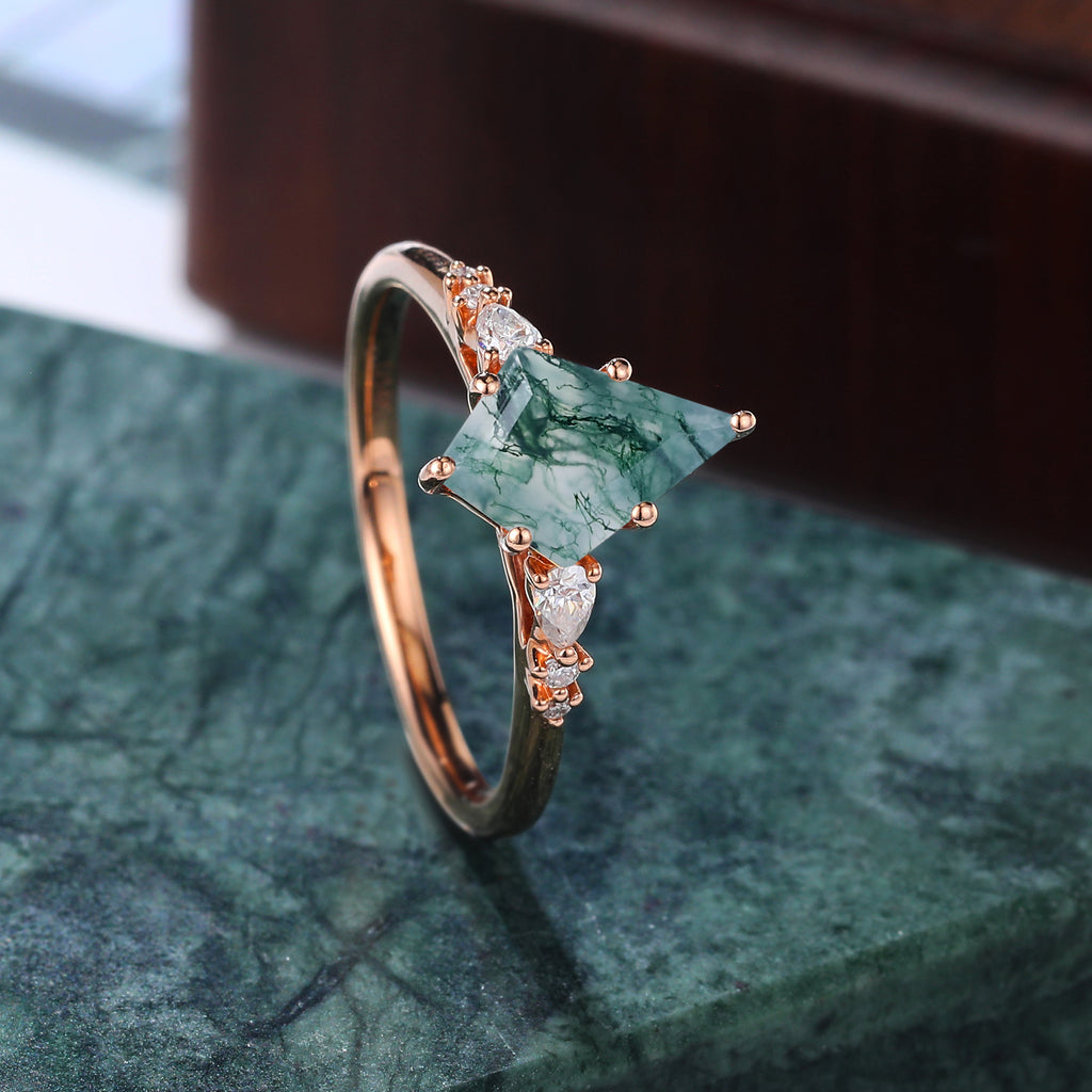 Unique Kite cut Moss agate rose gold engagement ring S925/10k/14k/18k gold