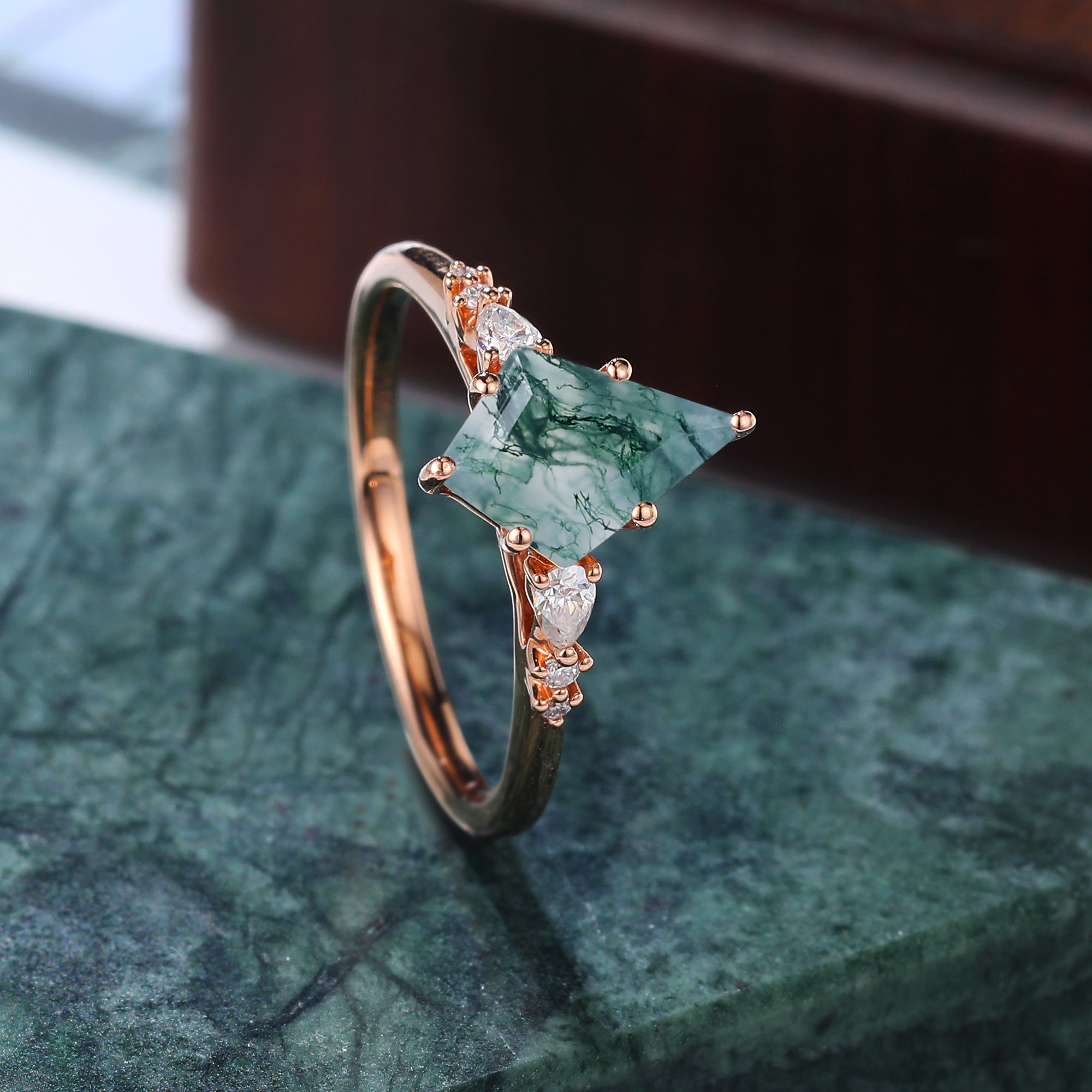 Unique Kite cut Moss agate rose gold engagement ring S925/10k/14k/18k gold