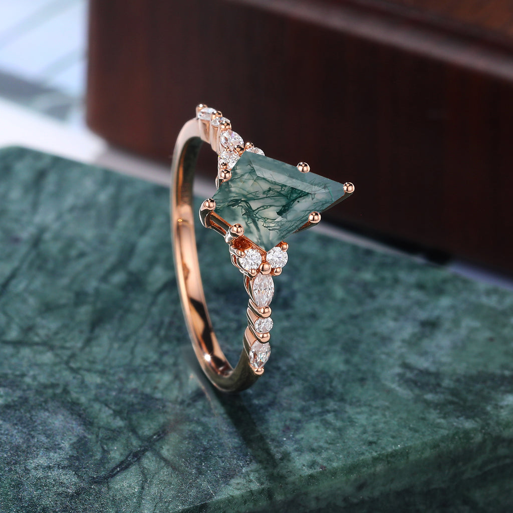 Kite cut Moss agate engagement ring S925/10k/14k/18k gold ,  rose/white/yellow gold ring