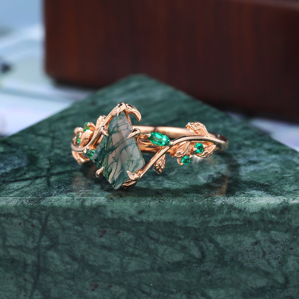 Unique kite cut moss agate engagement ring,10k/14k/18k/925silver Lab emerald ring.