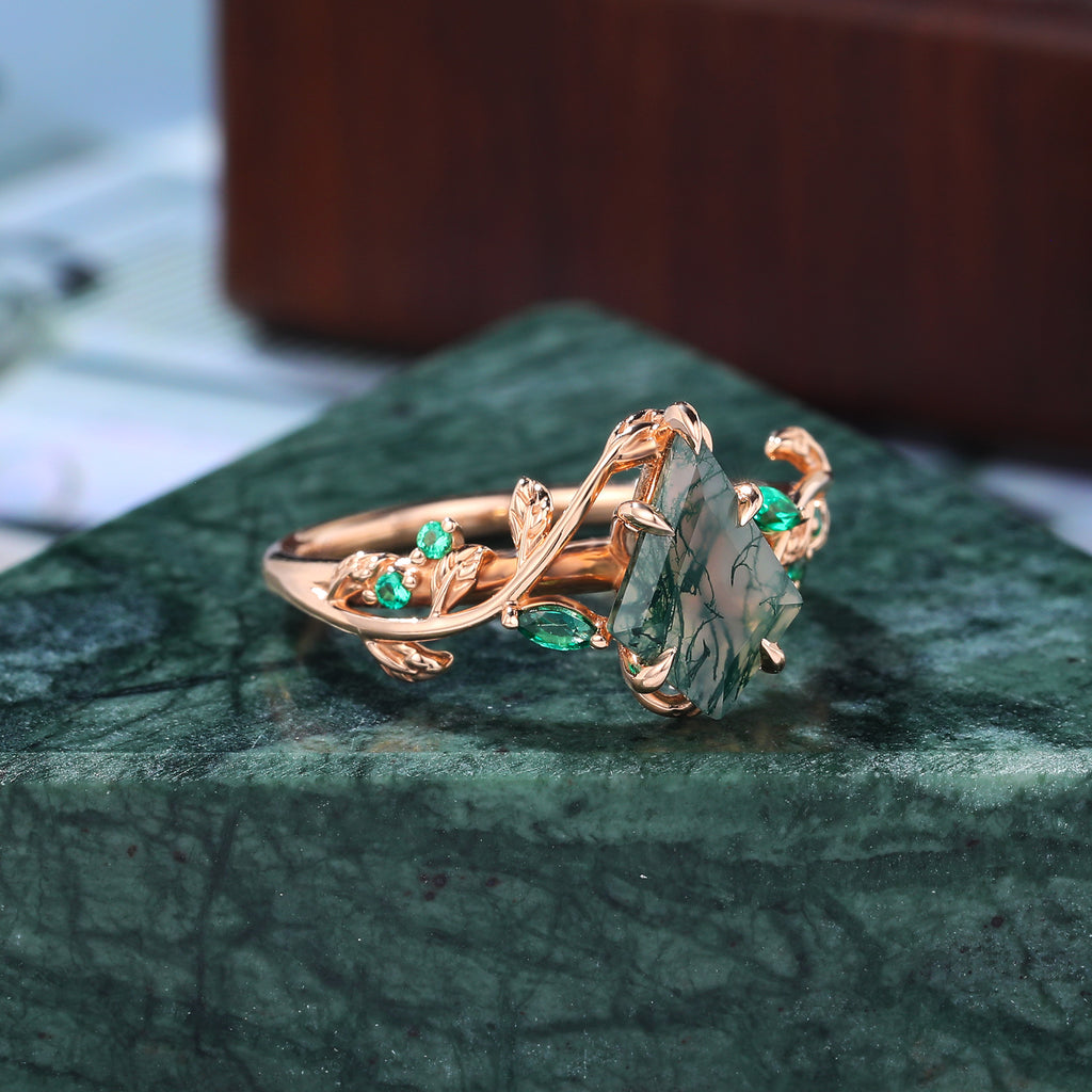 Unique kite cut moss agate engagement ring,10k/14k/18k/925silver Lab emerald ring.