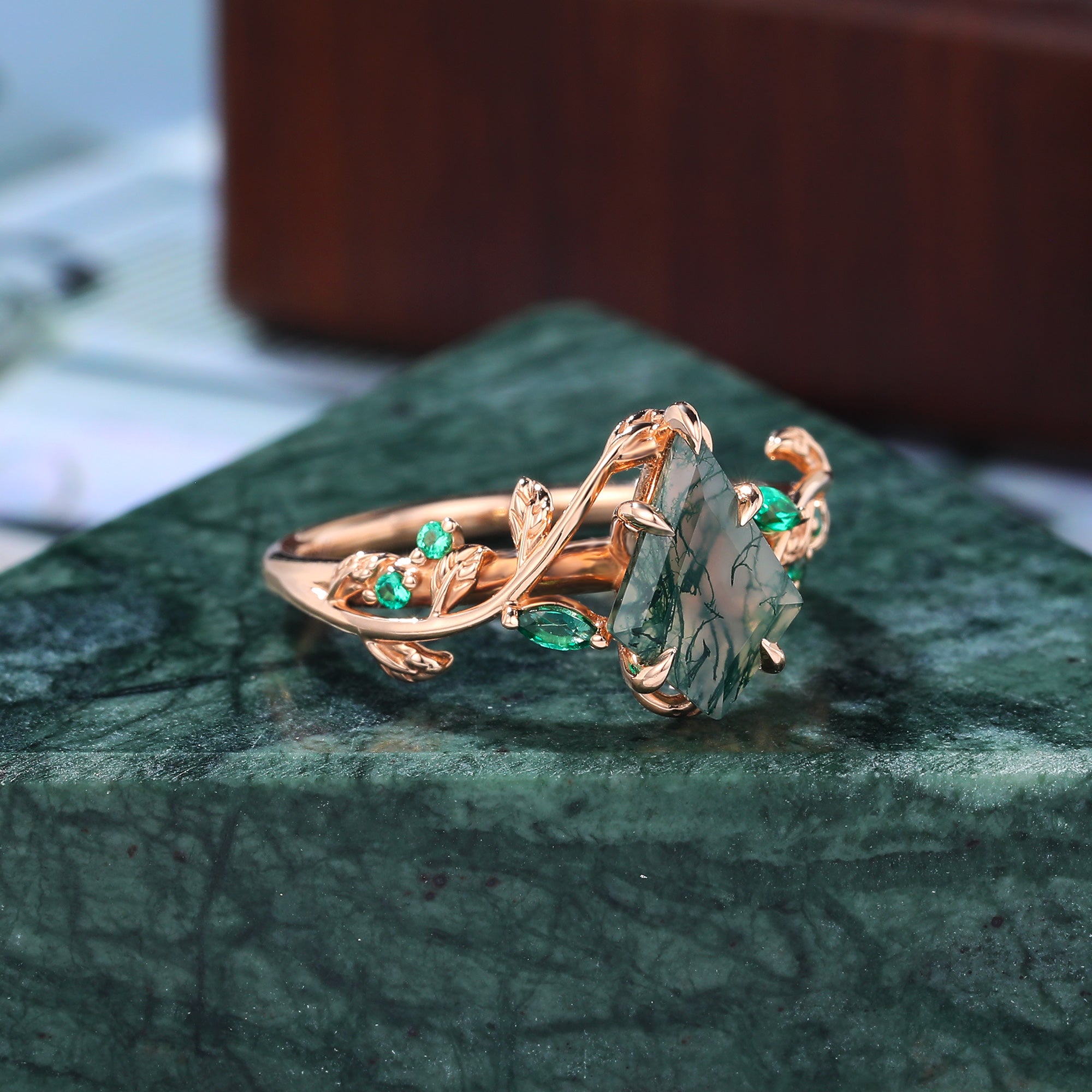 Unique kite cut moss agate engagement ring,10k/14k/18k/925silver Lab emerald ring.