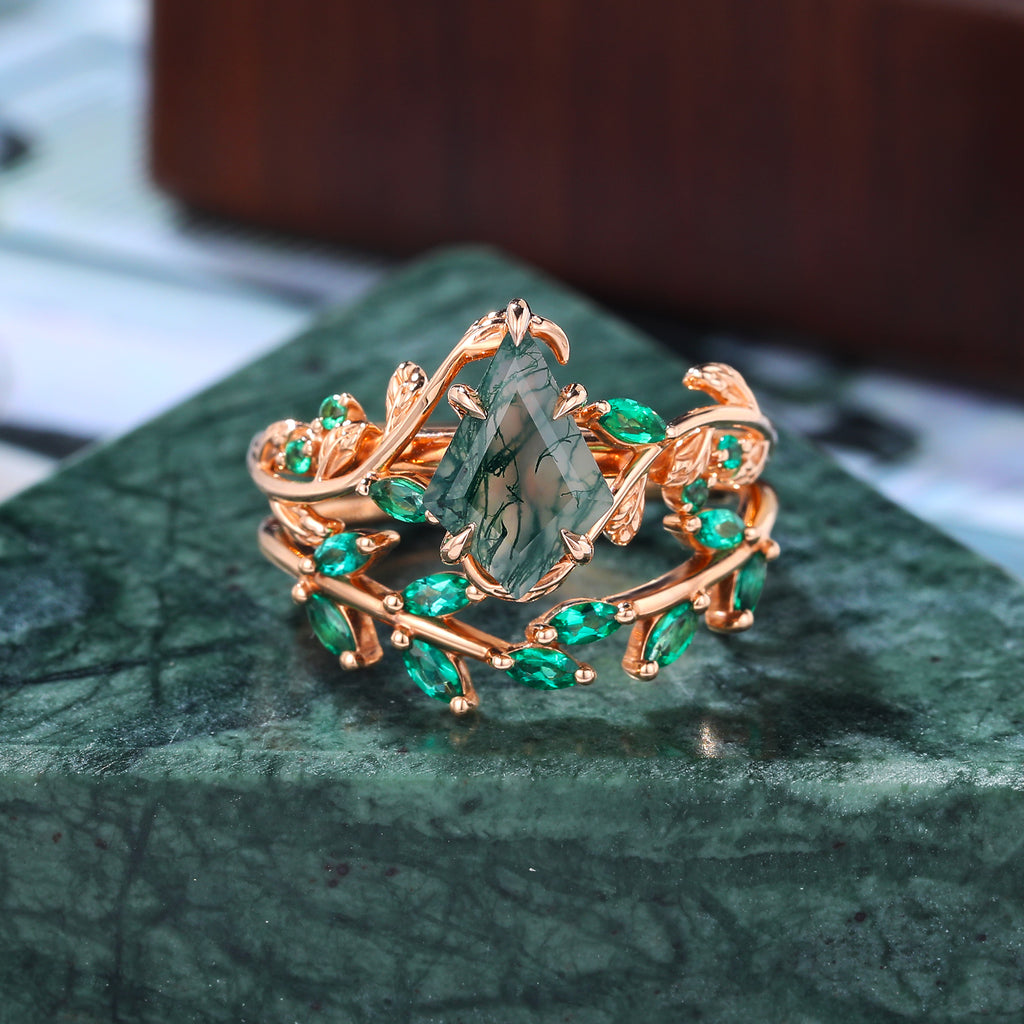 Unique Kite cut Moss Agate Engagement Ring Set,  Cluster Rose white/yellow/Gold Bridal Wedding band Unique ring.S925/10k/14k/18k