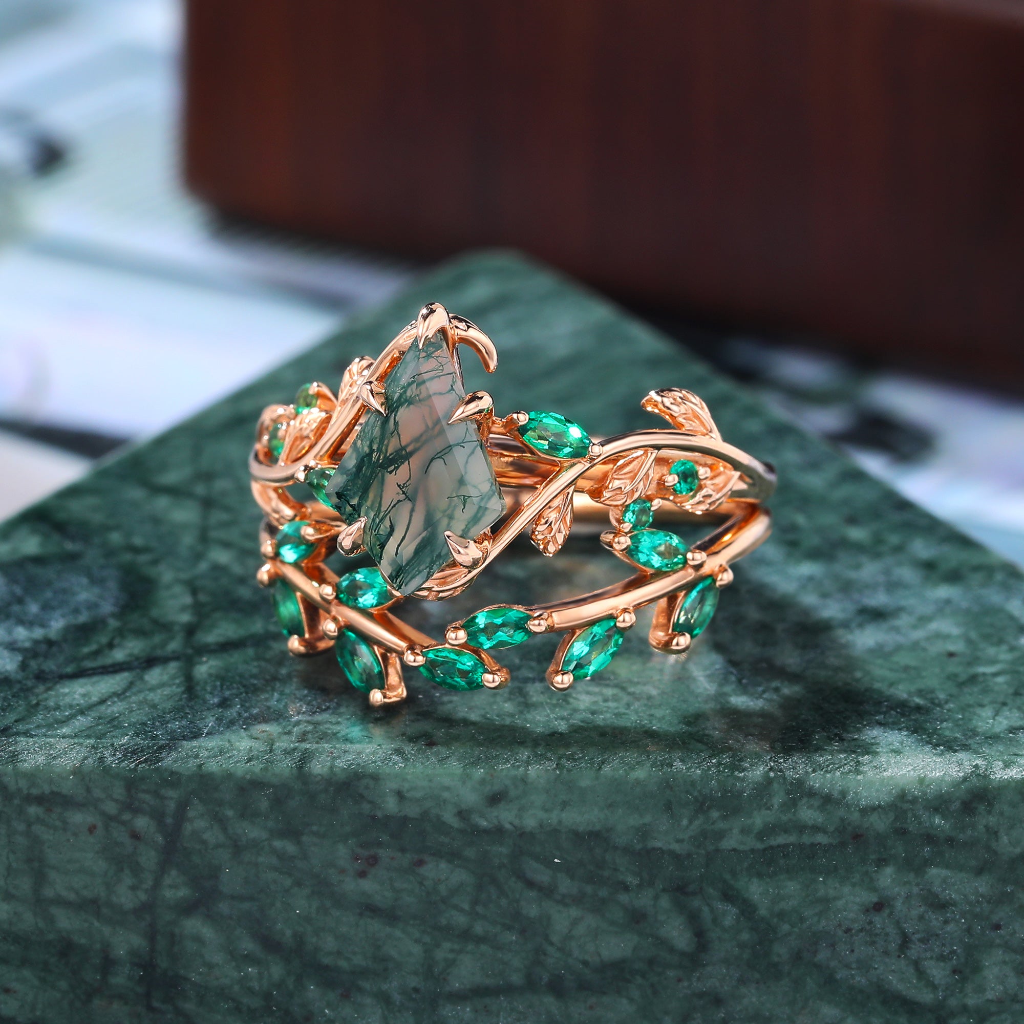 Unique Kite cut Moss Agate Engagement Ring Set,  Cluster Rose white/yellow/Gold Bridal Wedding band Unique ring.S925/10k/14k/18k