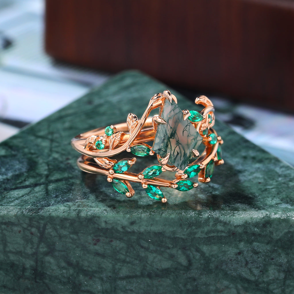 Unique Kite cut Moss Agate Engagement Ring Set,  Cluster Rose white/yellow/Gold Bridal Wedding band Unique ring.S925/10k/14k/18k