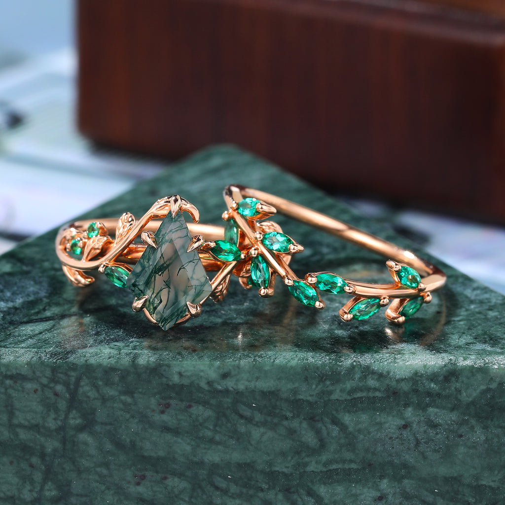 Unique Kite cut Moss Agate Engagement Ring Set,  Cluster Rose white/yellow/Gold Bridal Wedding band Unique ring.S925/10k/14k/18k