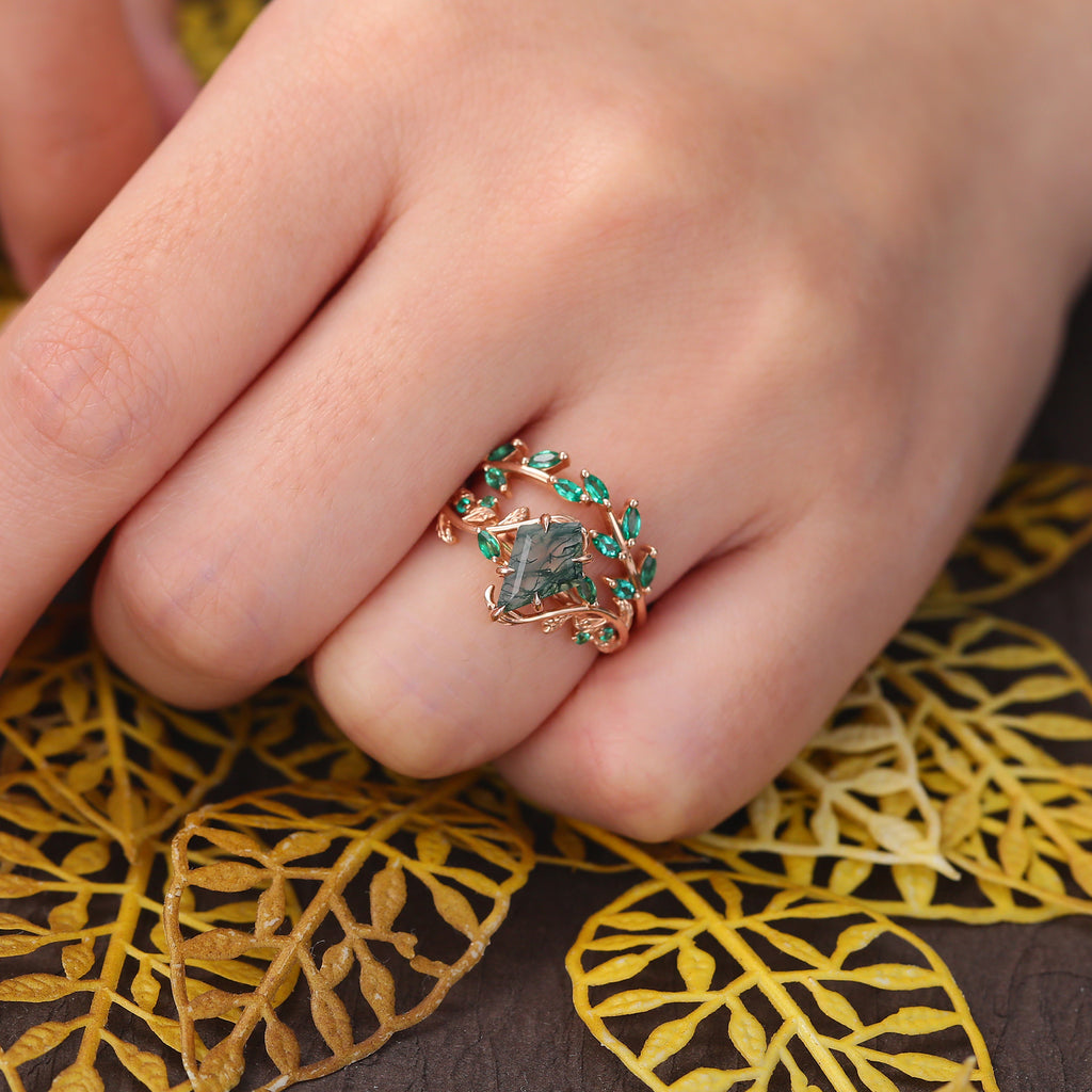 Unique Kite cut Moss Agate Engagement Ring Set,  Cluster Rose white/yellow/Gold Bridal Wedding band Unique ring.S925/10k/14k/18k