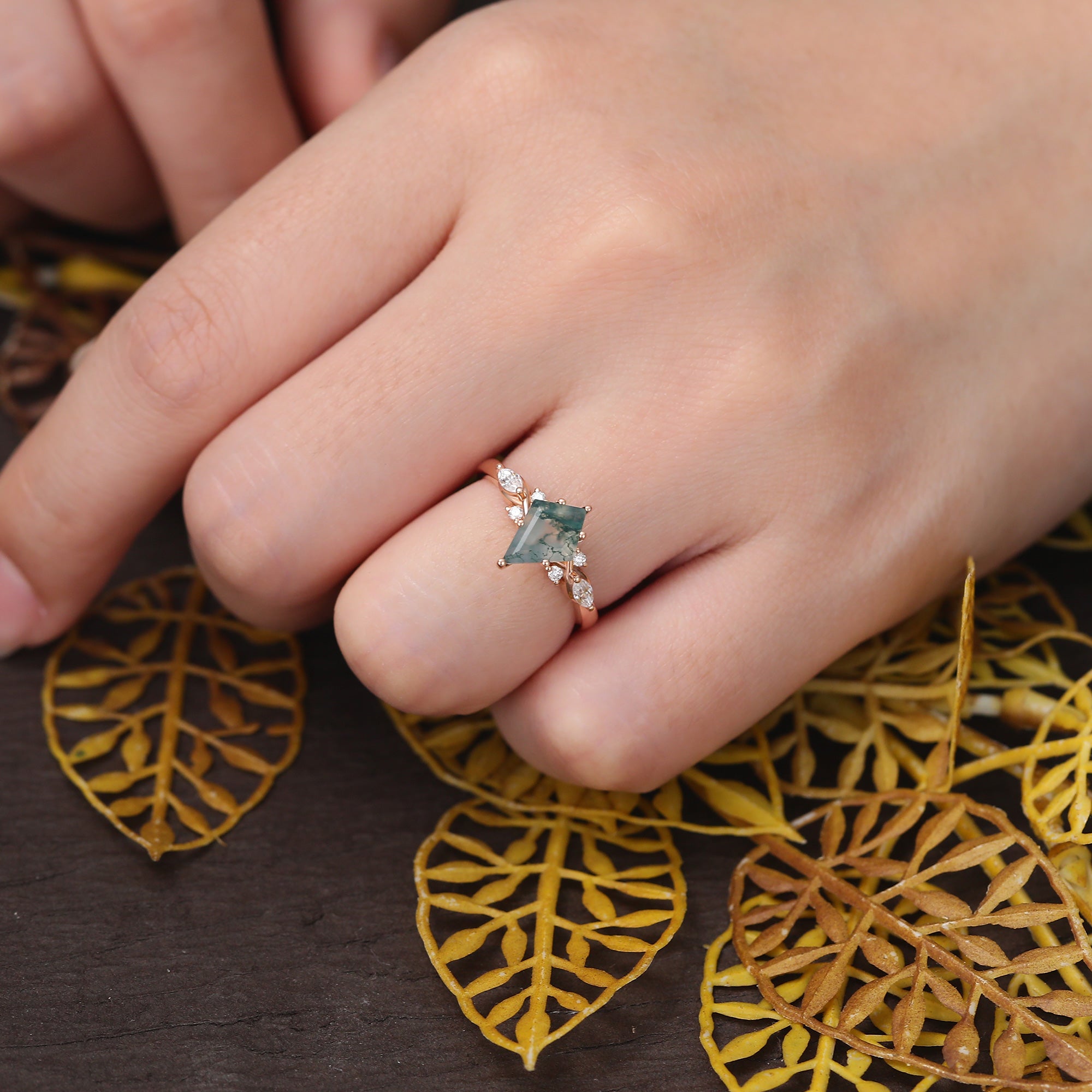 Kite cut Moss Agate engagement ring, Unique Anniversary Gift. S925/10k/14k/18k gold rose gold ring