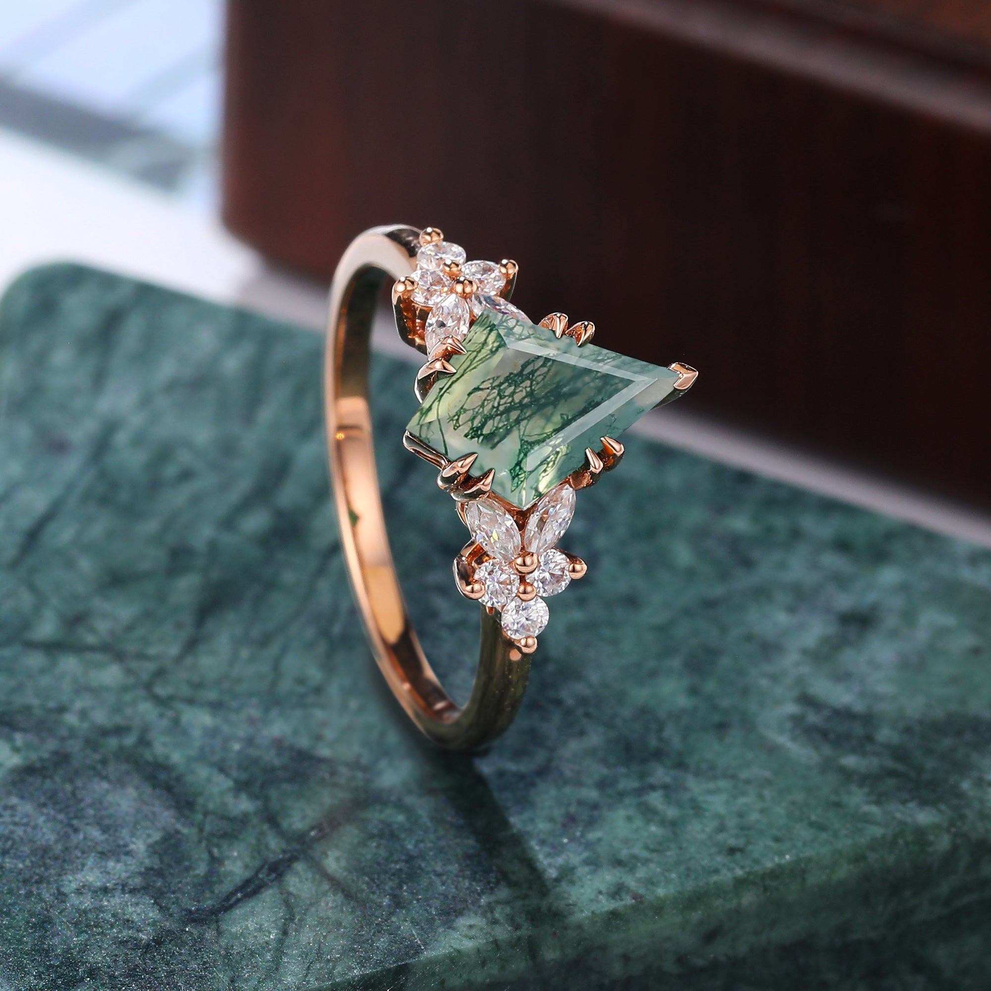 Unique Kite cut Moss agate rose gold engagement ring S925/10k/14k/18k , unique bridal ring rose/white/yellow gold