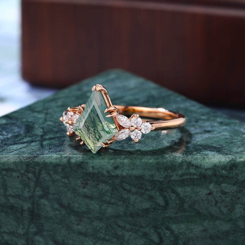 Unique Kite cut Moss agate rose gold engagement ring S925/10k/14k/18k , unique bridal ring rose/white/yellow gold