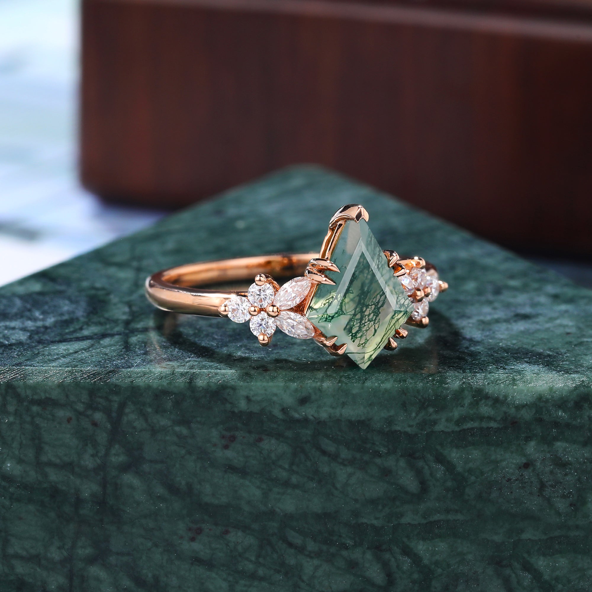 Unique Kite cut Moss agate rose gold engagement ring S925/10k/14k/18k , unique bridal ring rose/white/yellow gold