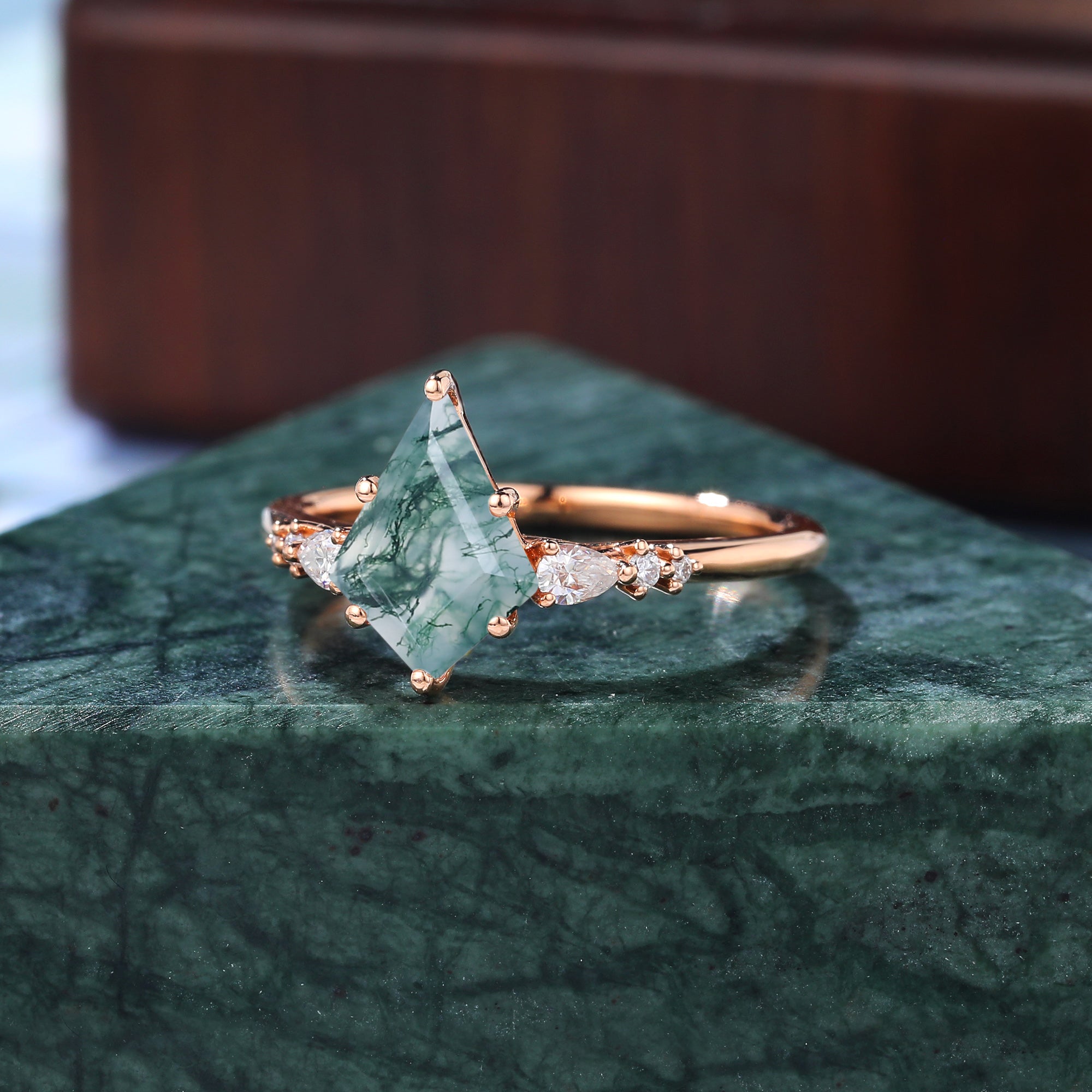 Unique Kite cut Moss agate rose gold engagement ring S925/10k/14k/18k gold