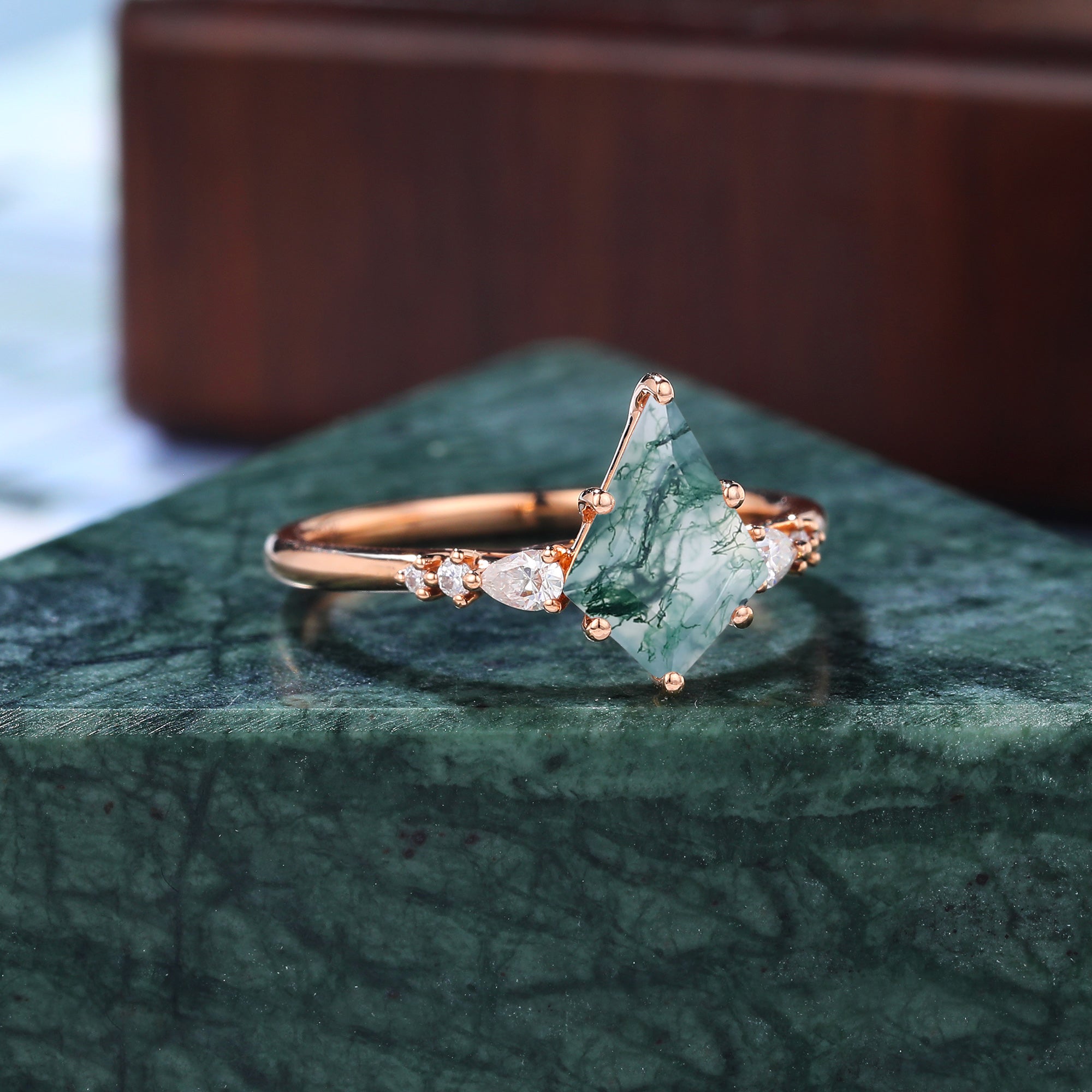 Unique Kite cut Moss agate rose gold engagement ring S925/10k/14k/18k gold