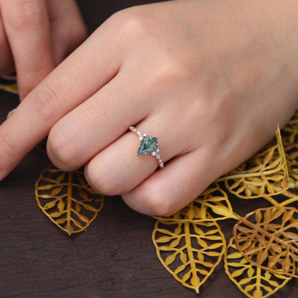 Kite cut Moss agate engagement ring S925/10k/14k/18k gold ,  rose/white/yellow gold ring