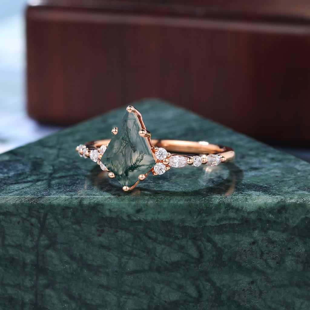 Kite cut Moss agate engagement ring S925/10k/14k/18k gold ,  rose/white/yellow gold ring