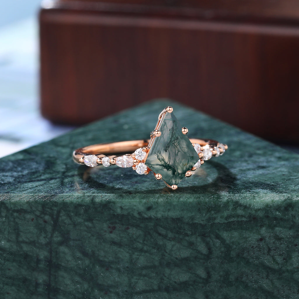 Kite cut Moss agate engagement ring S925/10k/14k/18k gold ,  rose/white/yellow gold ring