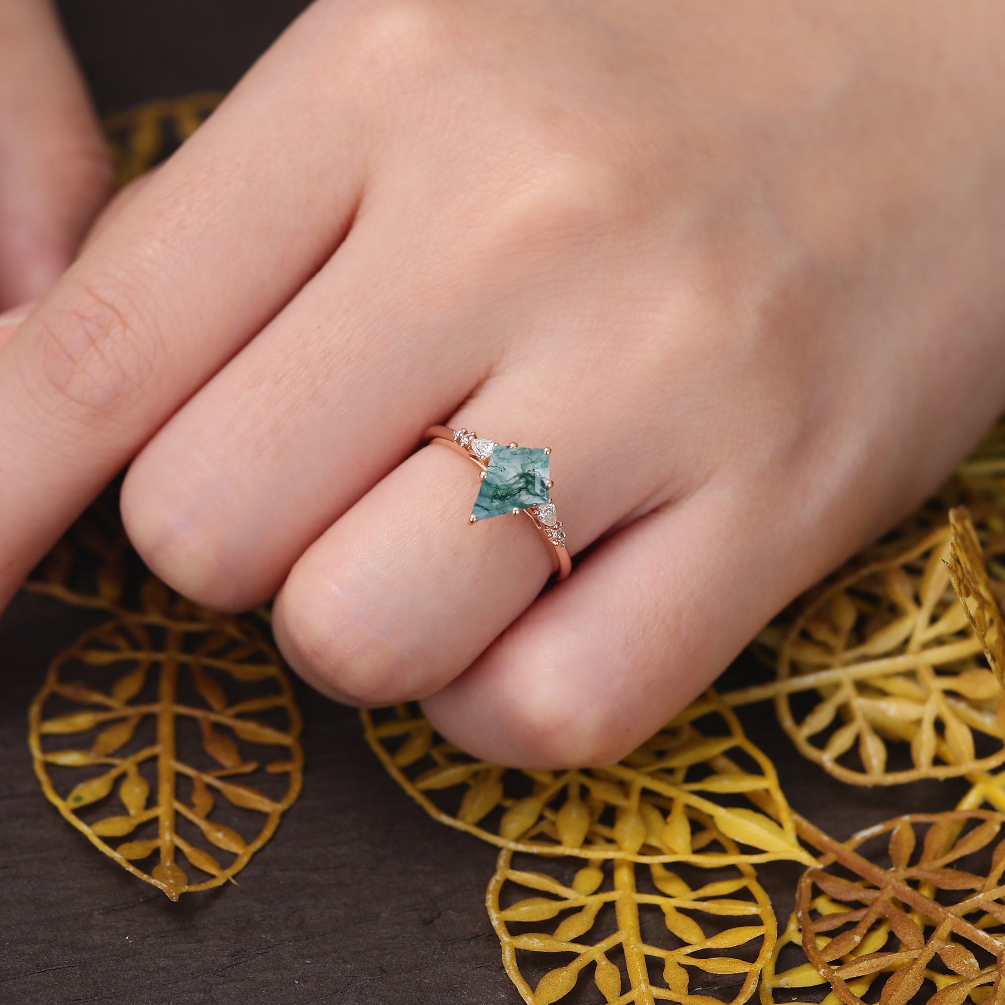 Unique Kite cut Moss agate rose gold engagement ring S925/10k/14k/18k gold