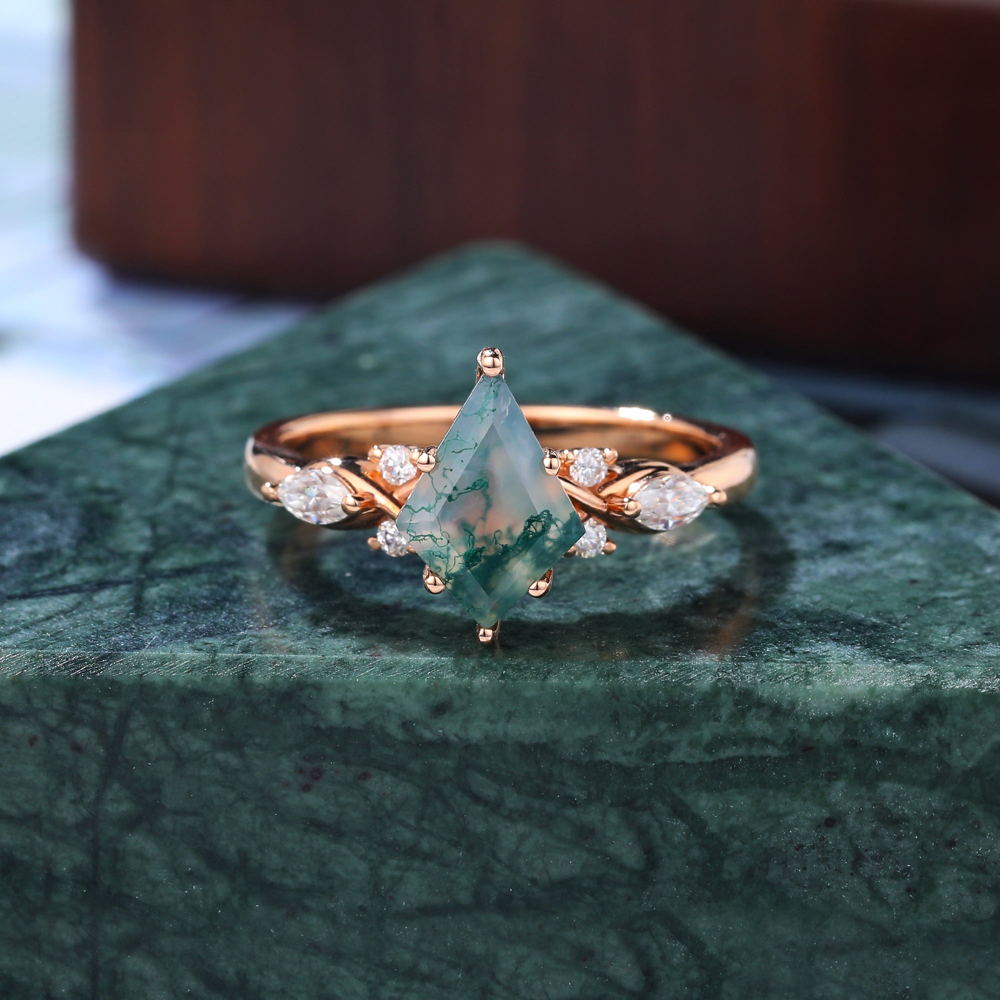 Kite cut Moss Agate engagement ring, Unique Anniversary Gift. S925/10k/14k/18k gold rose gold ring