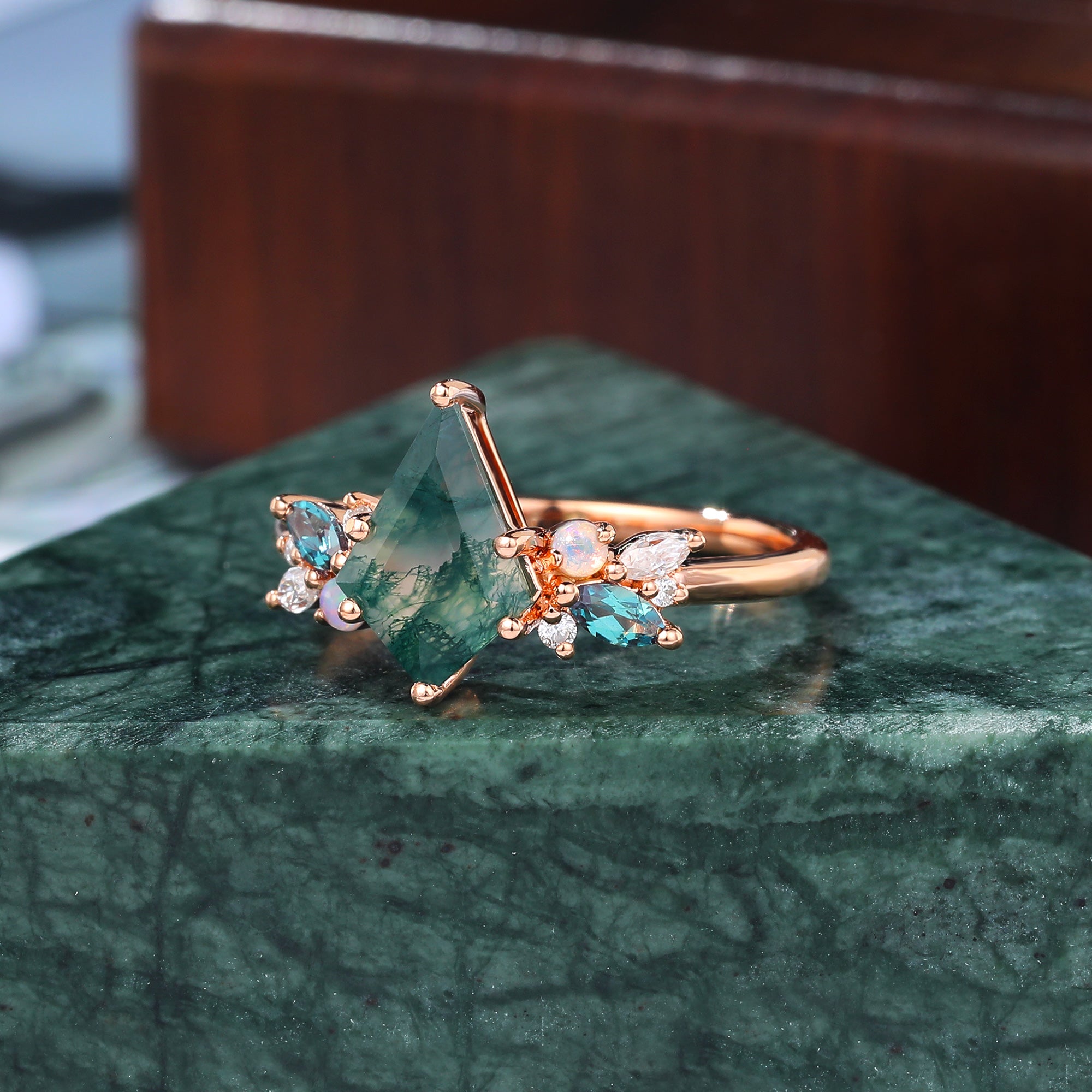 Kite cut Moss Agate engagement ring S925/10k/14k/18k gold , unique Alexandrite  moissanite Opal ring