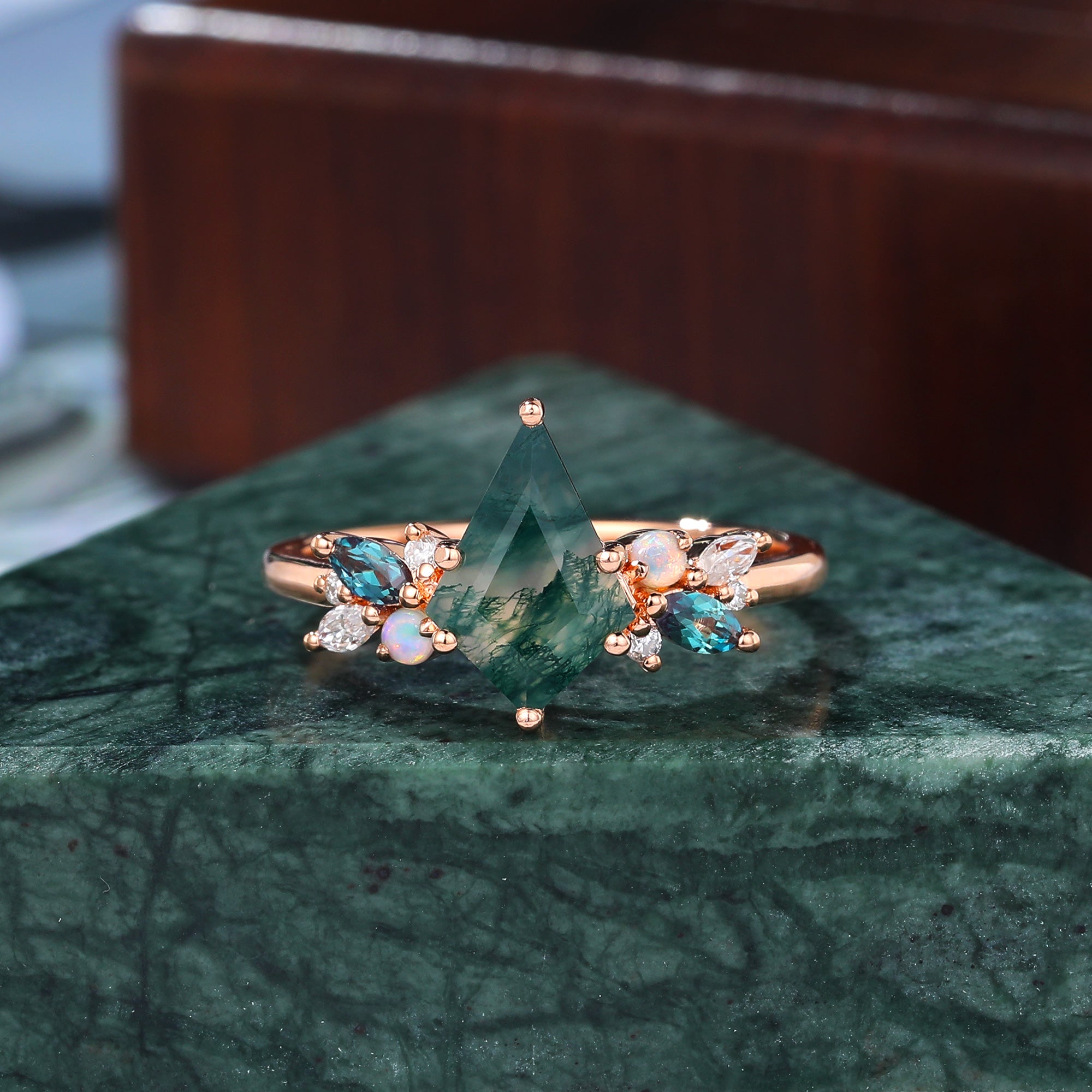 Kite cut Moss Agate engagement ring S925/10k/14k/18k gold , unique Alexandrite  moissanite Opal ring