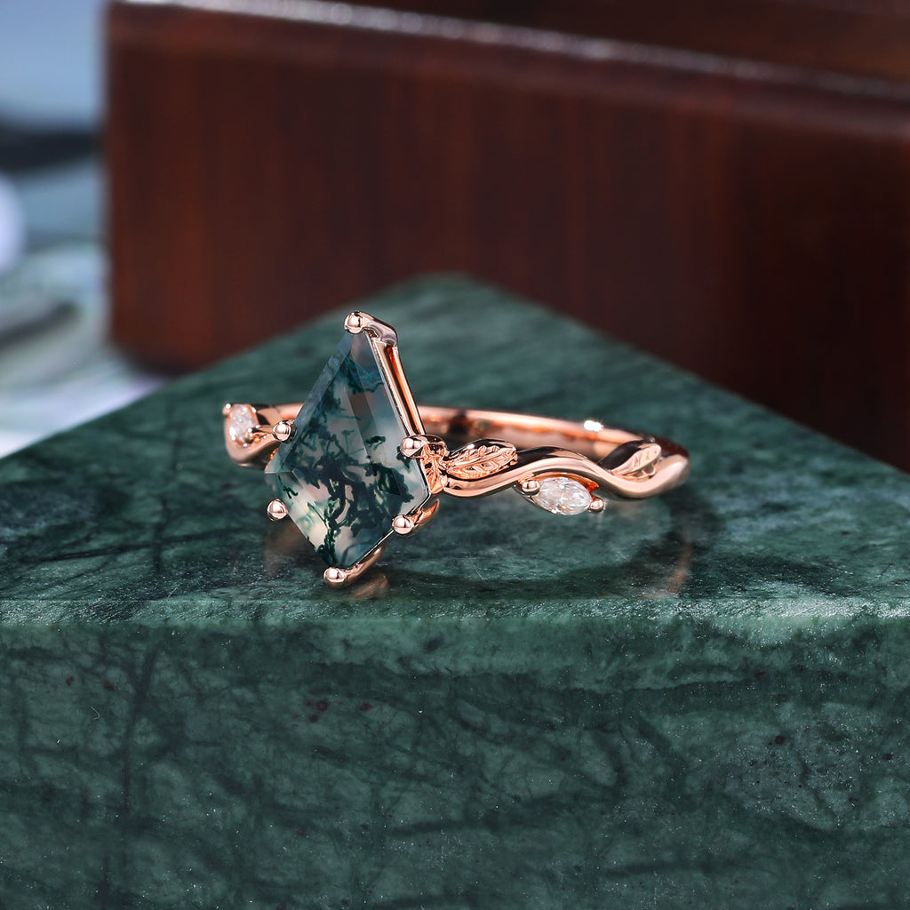Kite cut Moss Agate engagement ring 925silver/10k/14k/18k gold
