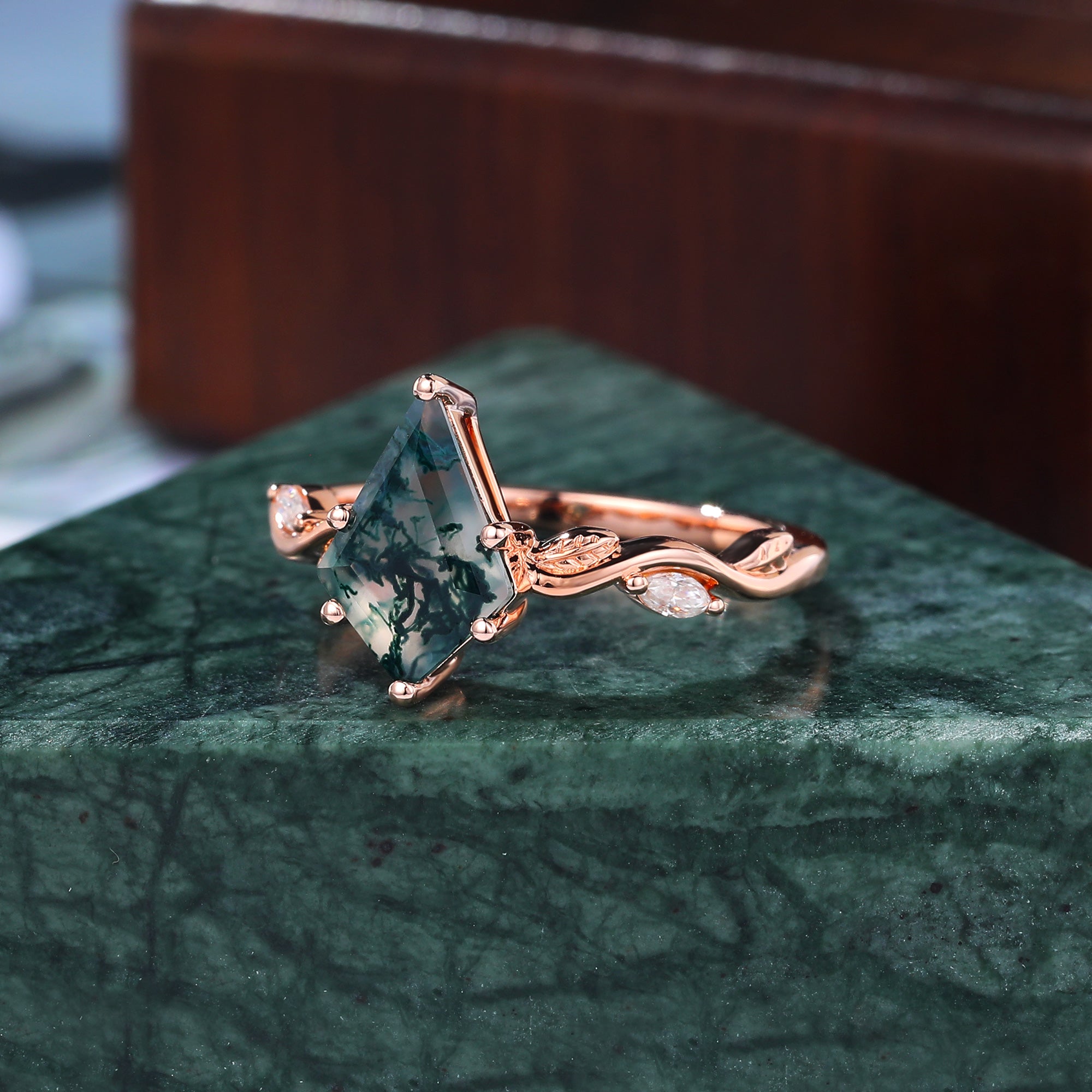 Kite cut Moss Agate engagement ring 925silver/10k/14k/18k gold
