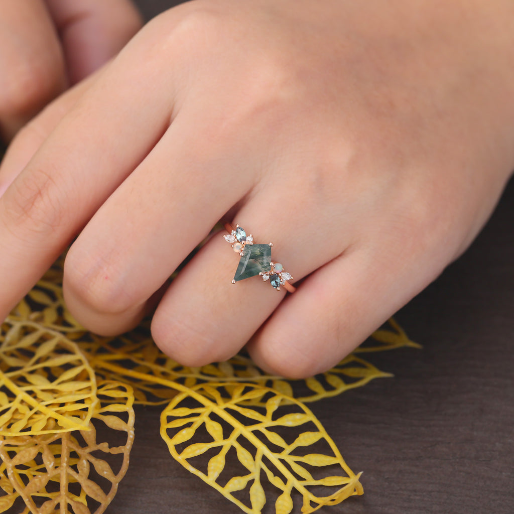 Kite cut Moss Agate engagement ring S925/10k/14k/18k gold , unique Alexandrite  moissanite Opal ring