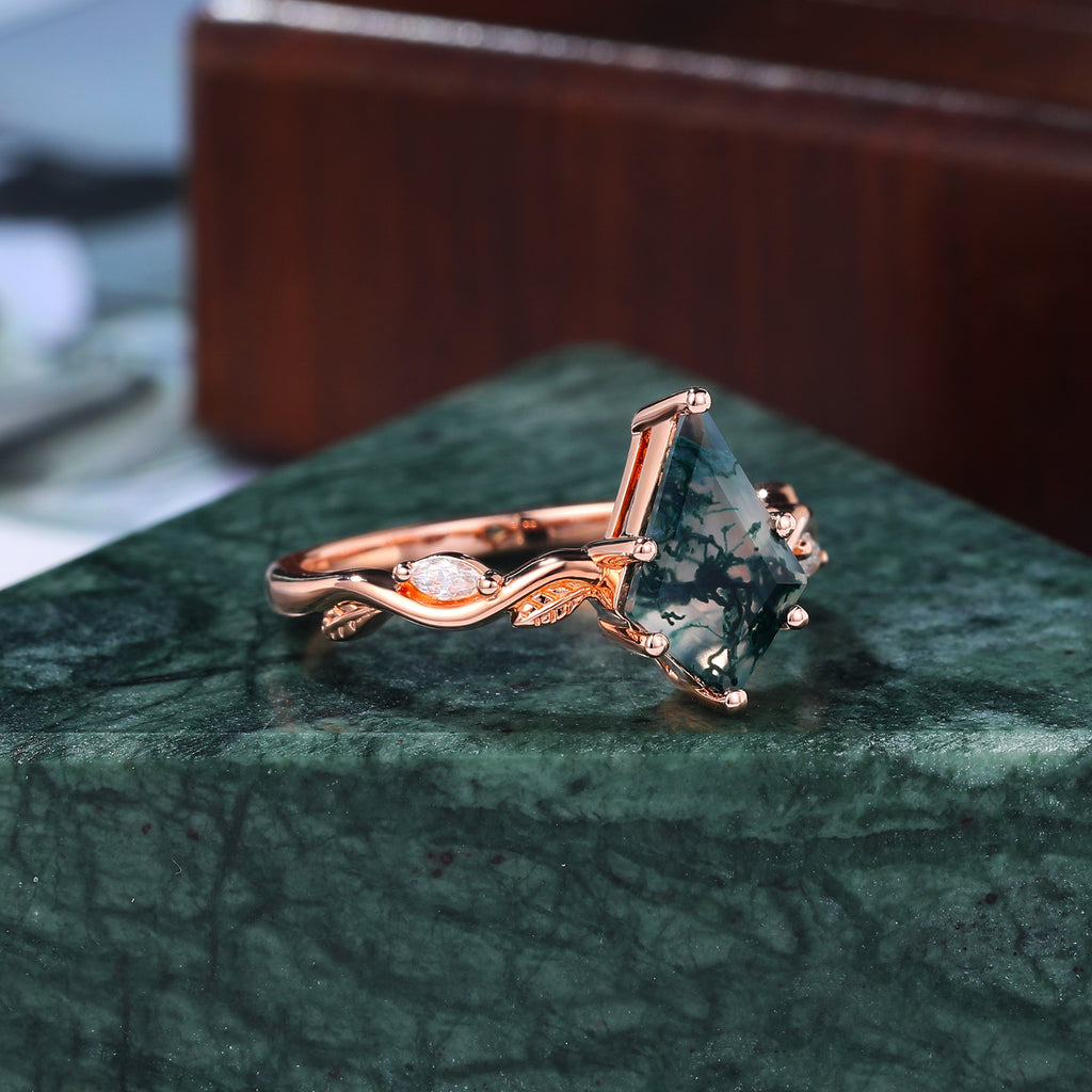 Kite cut Moss Agate engagement ring 925silver/10k/14k/18k gold