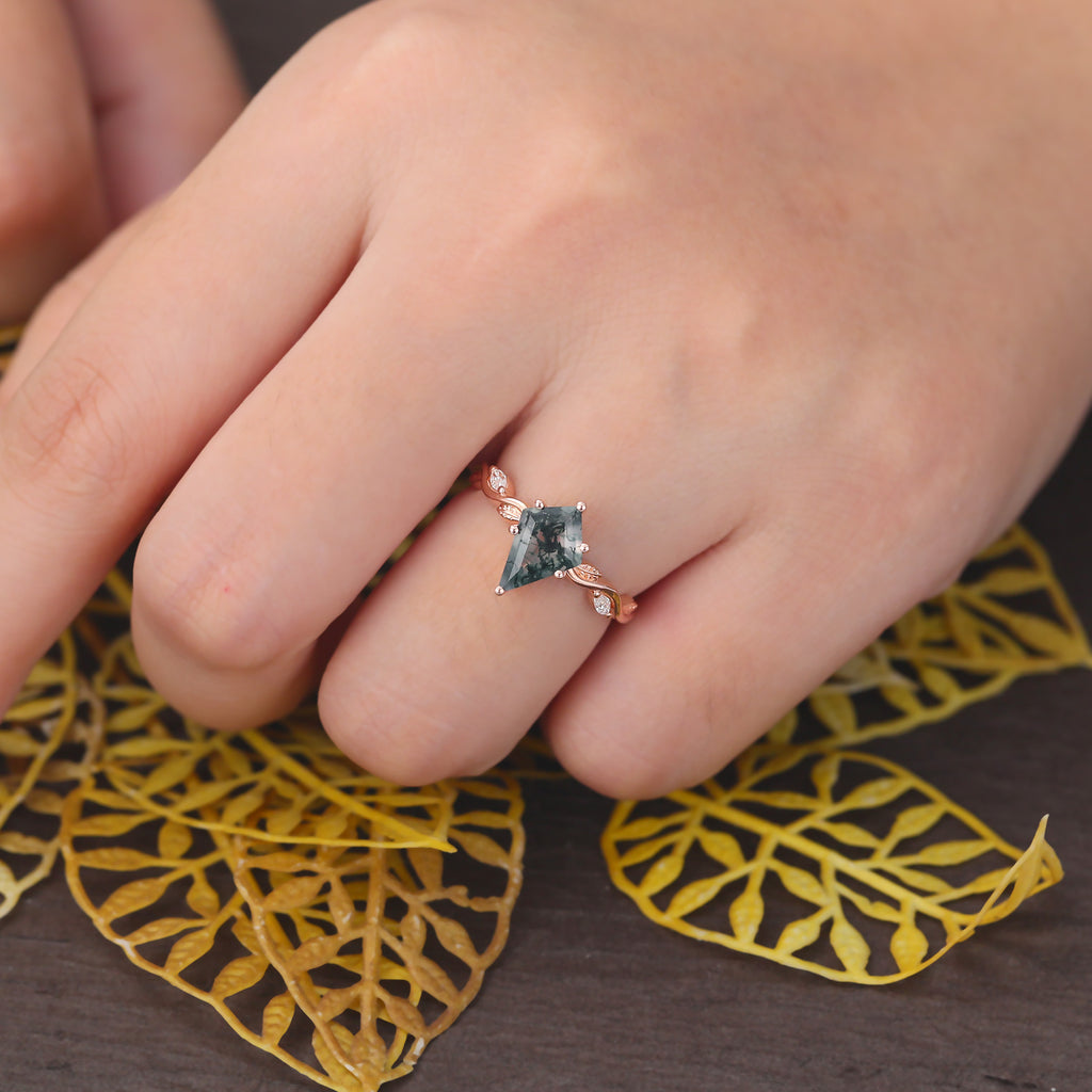 Kite cut Moss Agate engagement ring 925silver/10k/14k/18k gold