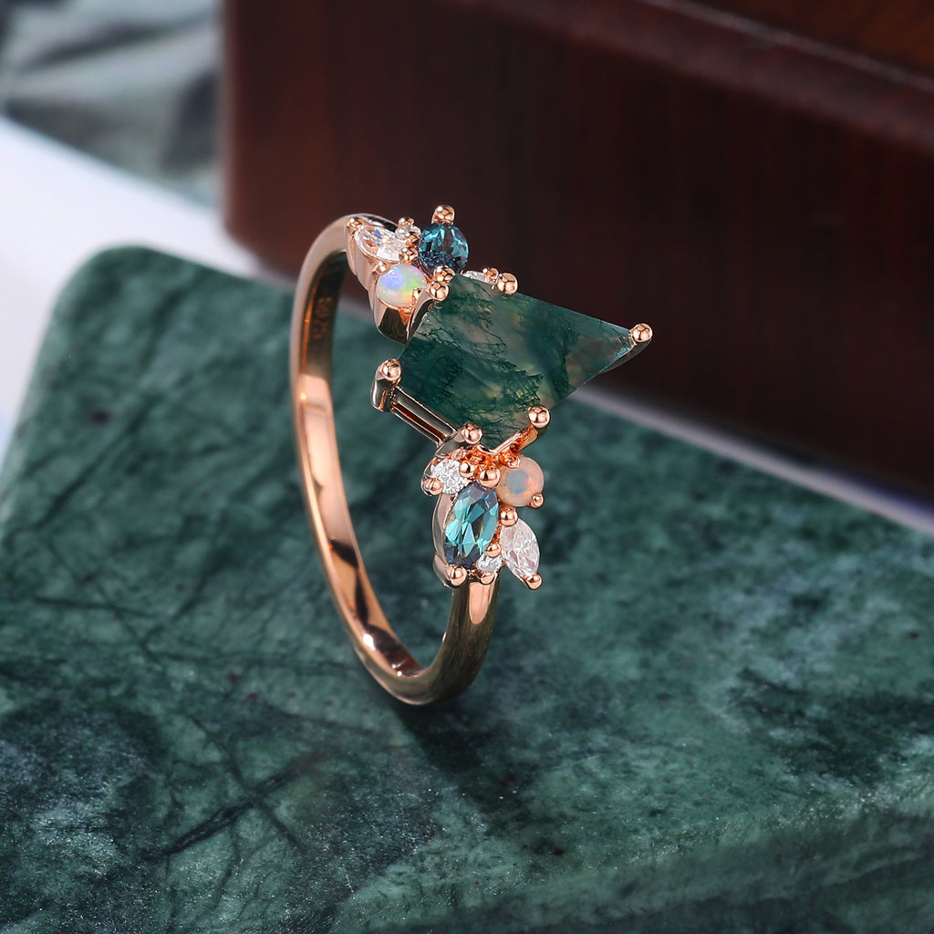 Kite cut Moss Agate engagement ring S925/10k/14k/18k gold , unique Alexandrite  moissanite Opal ring