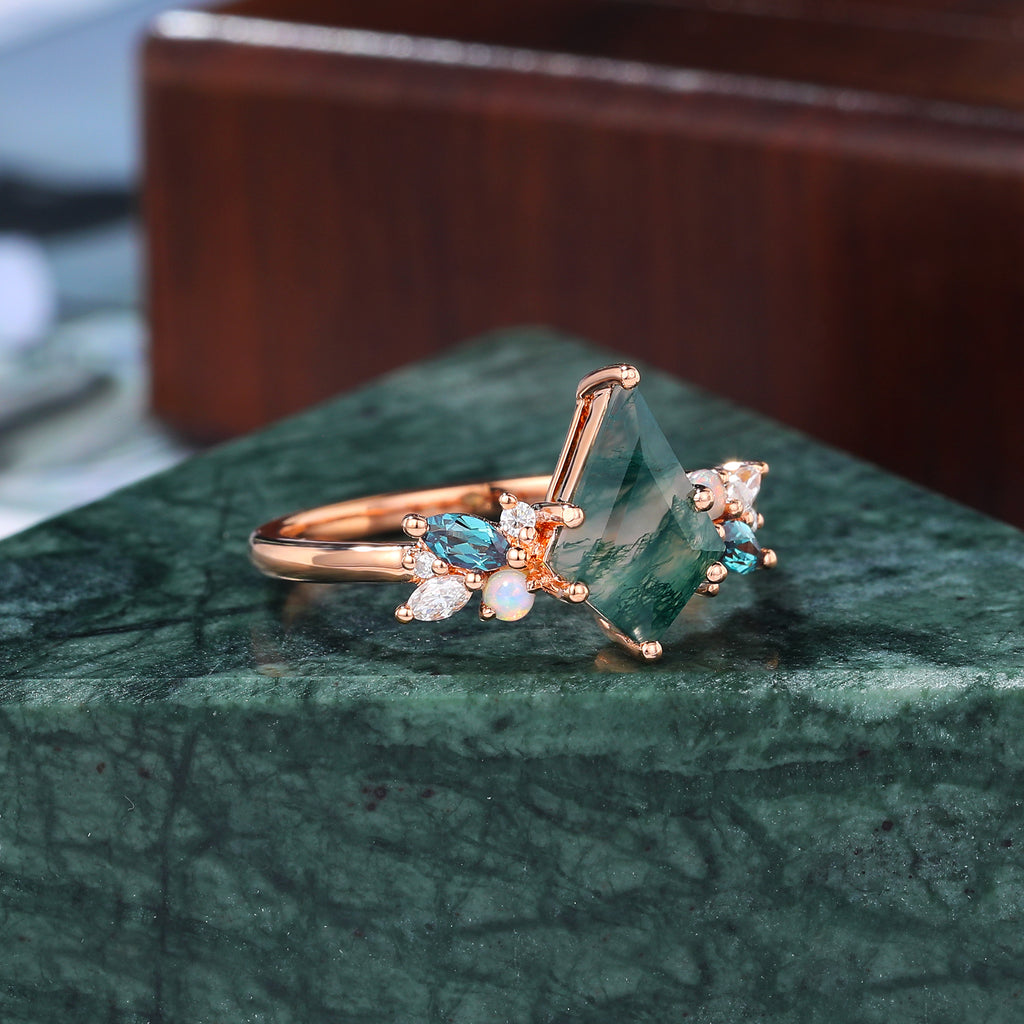 Kite cut Moss Agate engagement ring S925/10k/14k/18k gold , unique Alexandrite  moissanite Opal ring