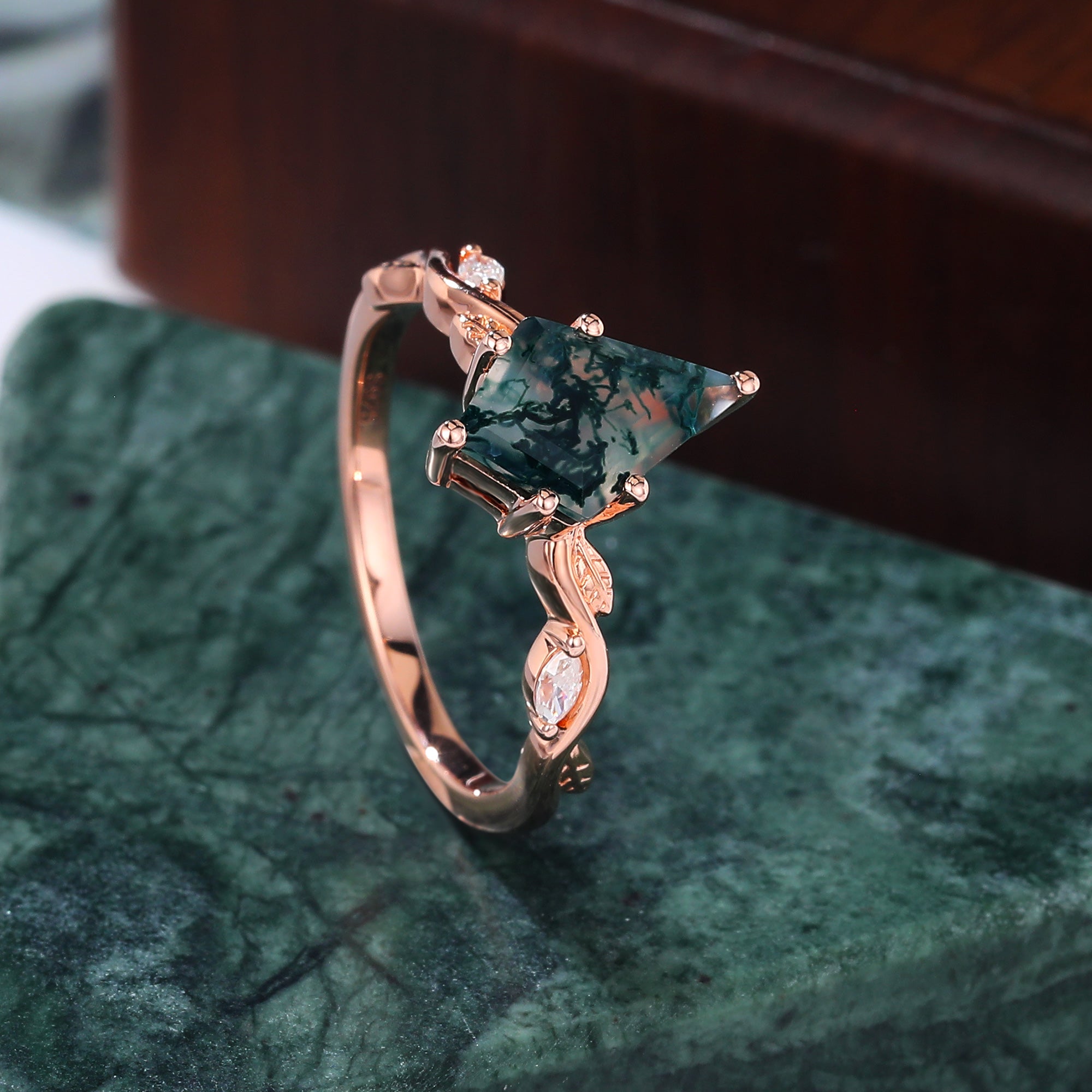 Kite cut Moss Agate engagement ring 925silver/10k/14k/18k gold