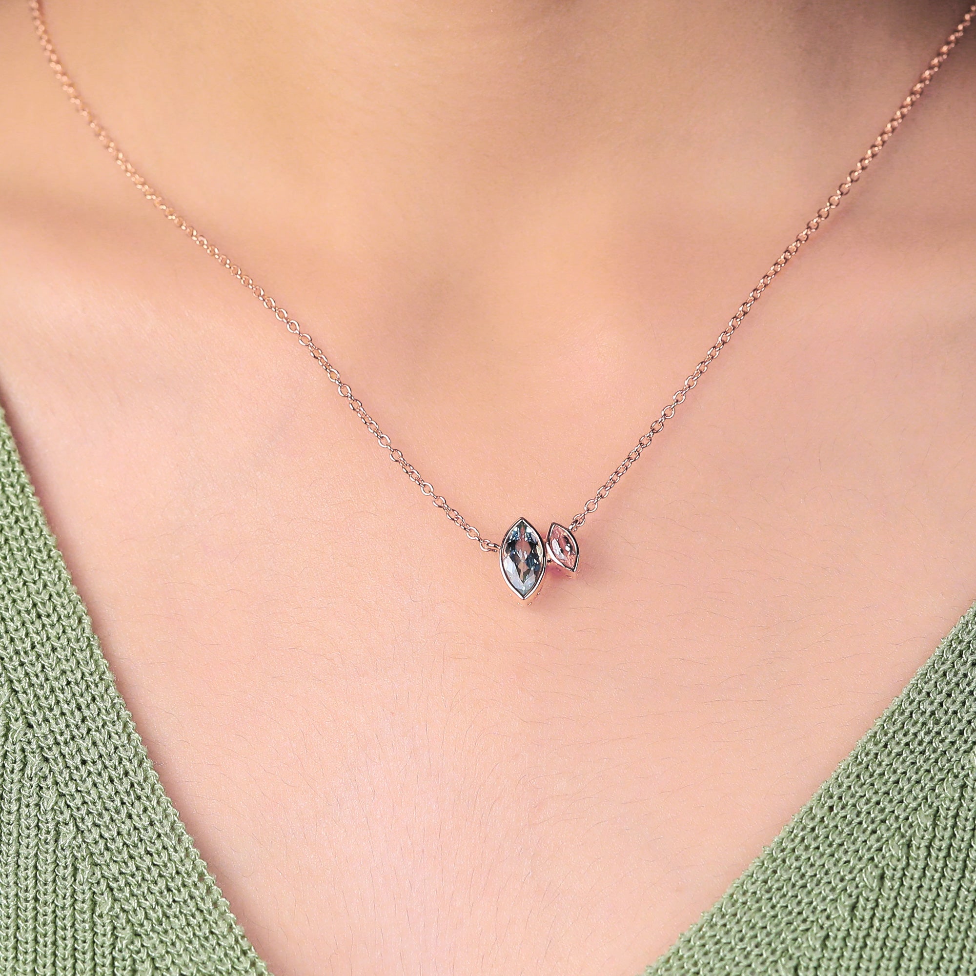 Marquise cut Aquamarine rose gold Pendant Necklace ,18 inches Marquise cut Morganite Pendant Necklace