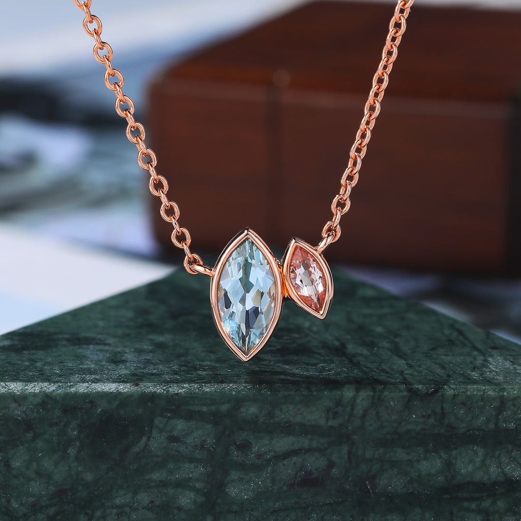 Marquise cut Aquamarine rose gold Pendant Necklace ,18 inches Marquise cut Morganite Pendant Necklace