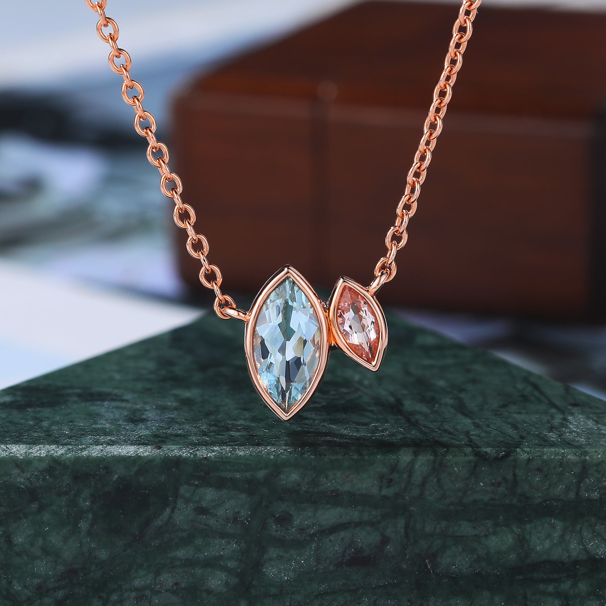 Marquise cut Aquamarine rose gold Pendant Necklace ,18 inches Marquise cut Morganite Pendant Necklace