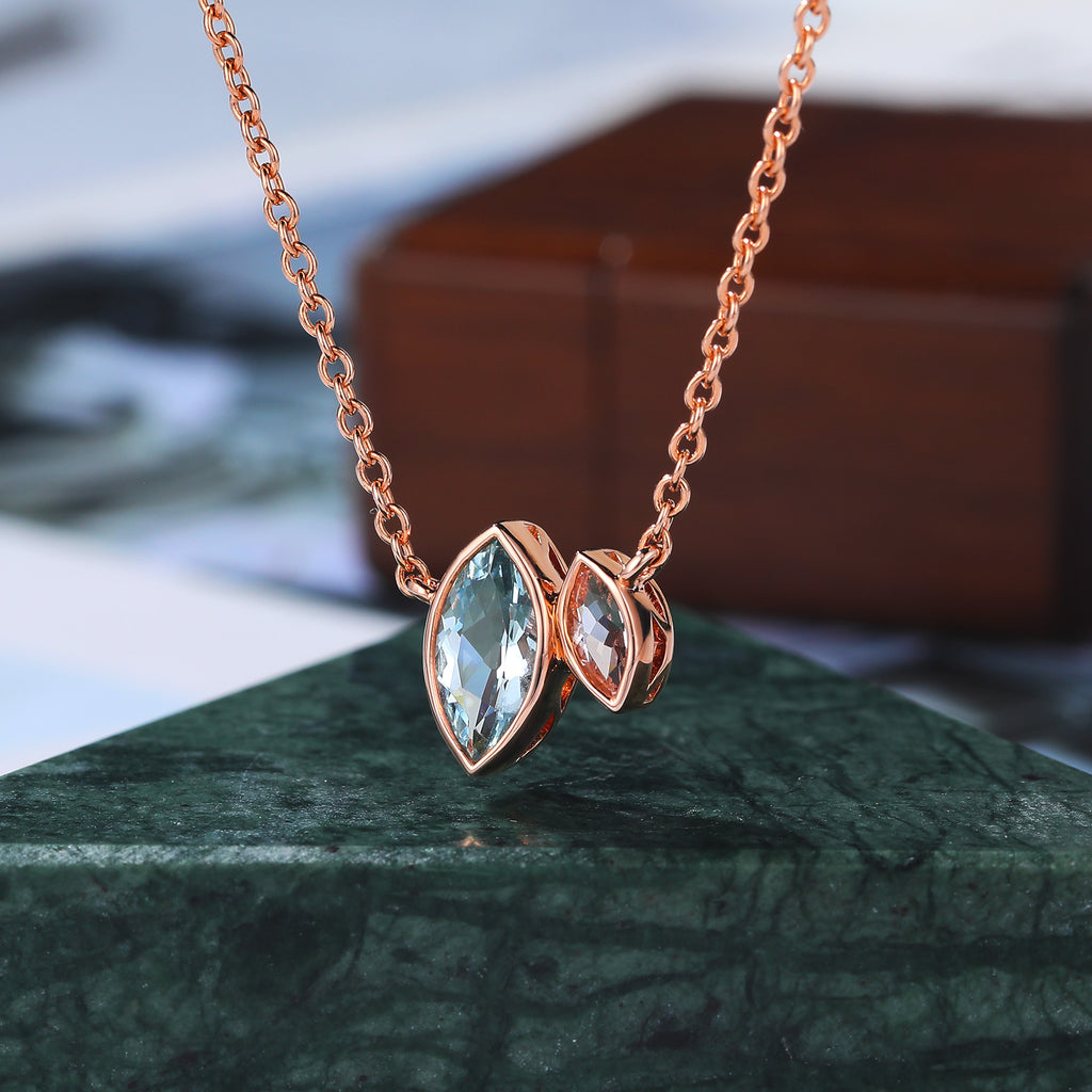 Marquise cut Aquamarine rose gold Pendant Necklace ,18 inches Marquise cut Morganite Pendant Necklace