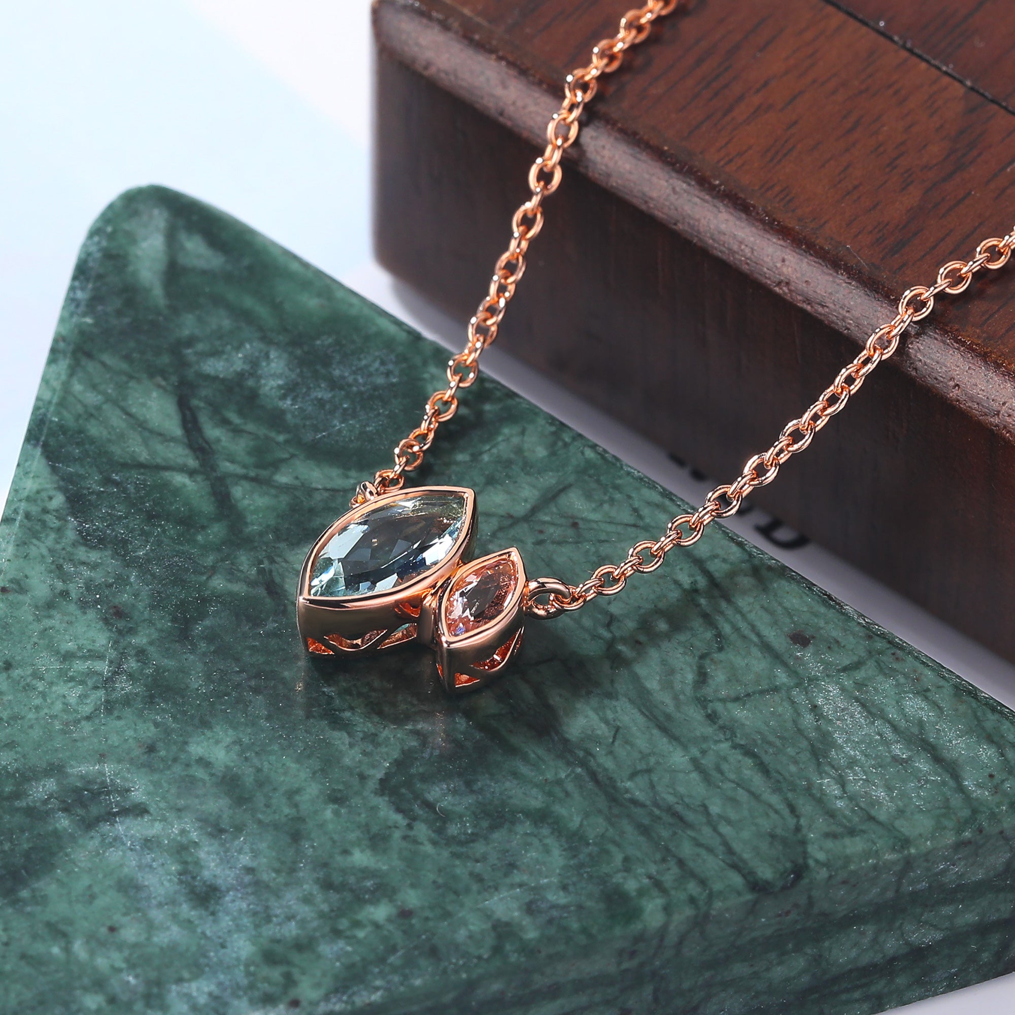 Marquise cut Aquamarine rose gold Pendant Necklace ,18 inches Marquise cut Morganite Pendant Necklace