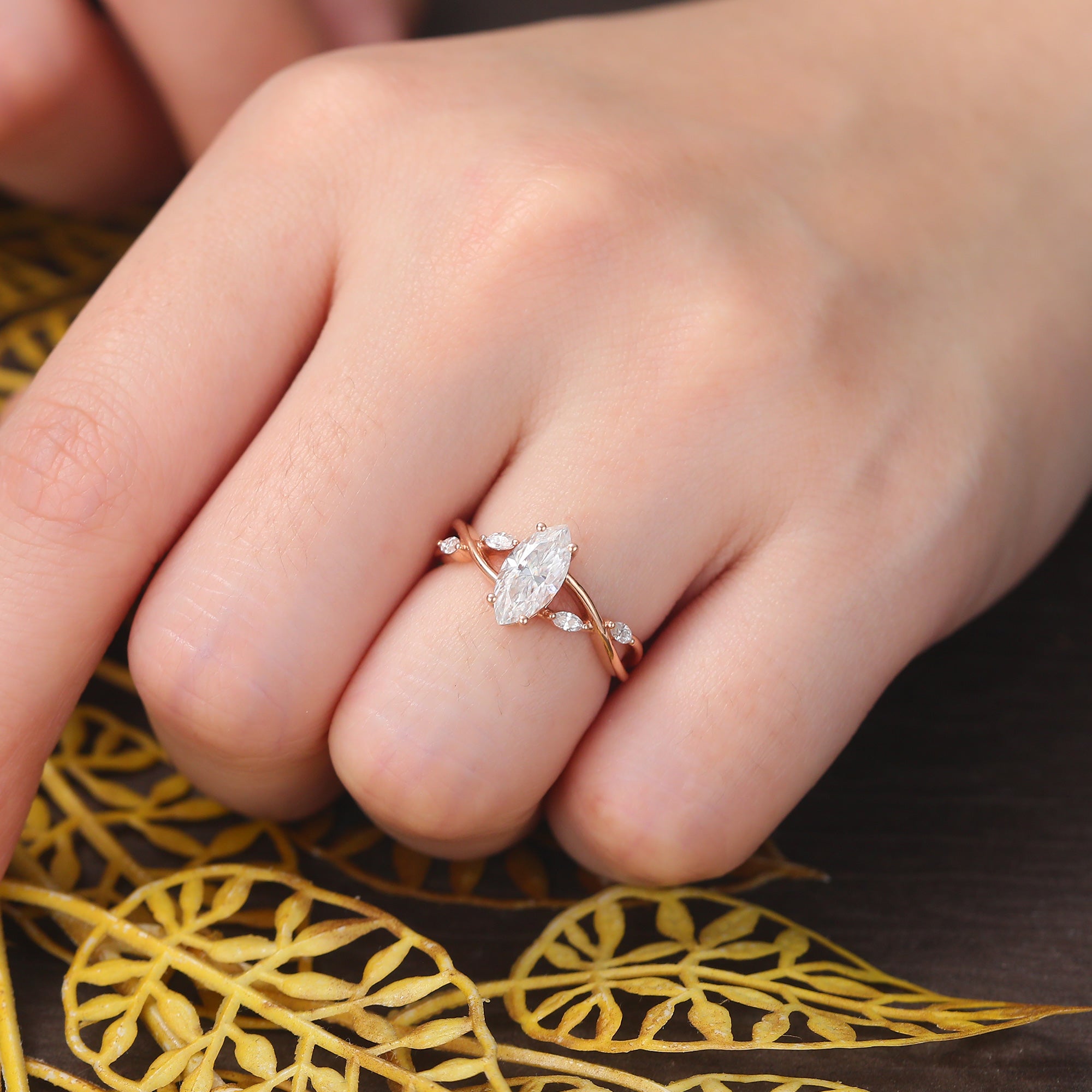 1.0CT Marquise cut moissanite rose gold engagement Ring. S925/10k/14k/18k