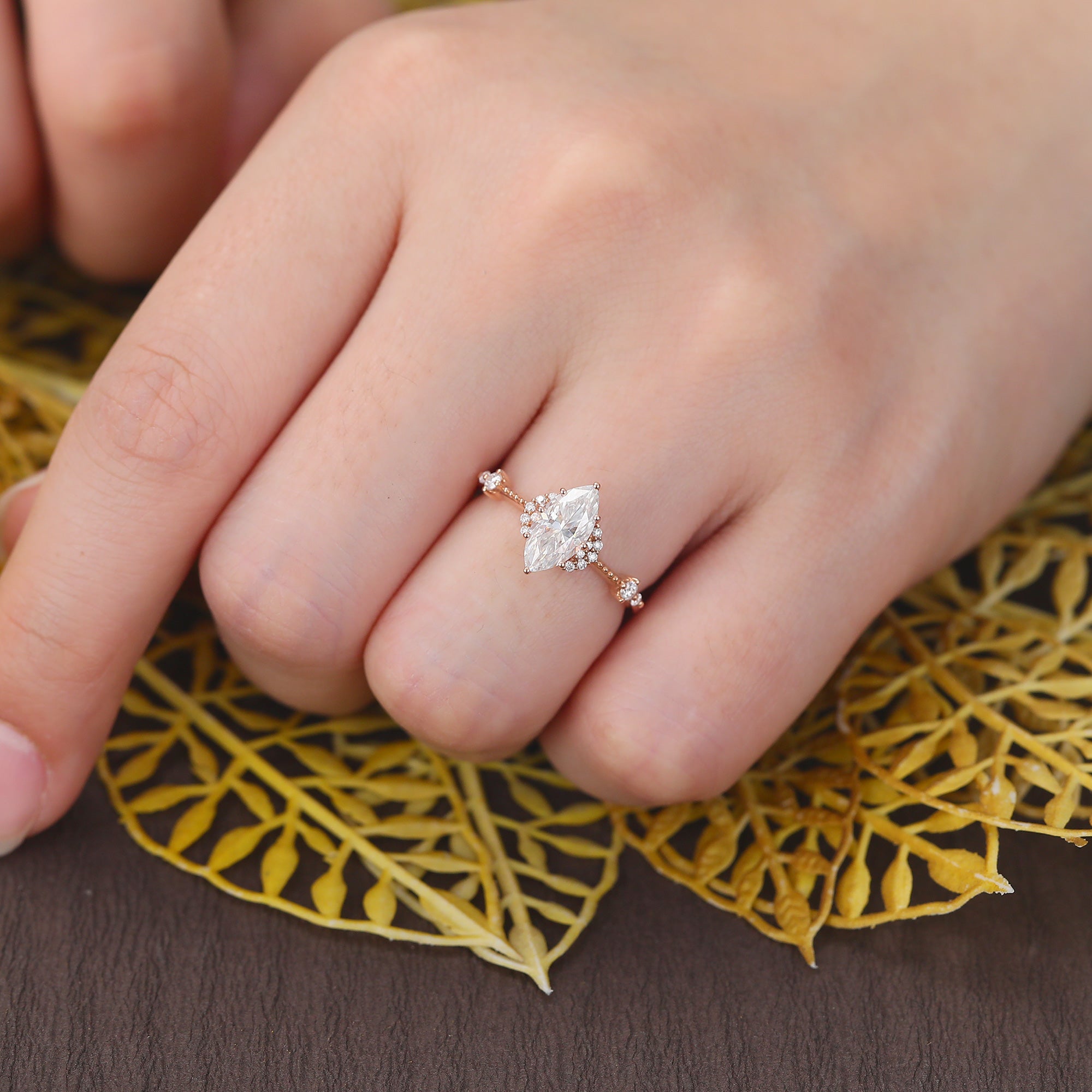 1.0ct Marquise cut moissanite rose gold engagement Ring.