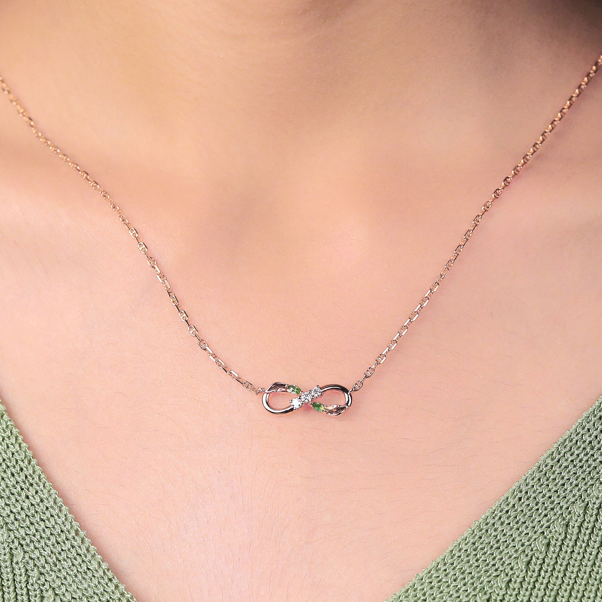 Infinite Moss Agate & Moissanite Necklace with Leaf Engraved