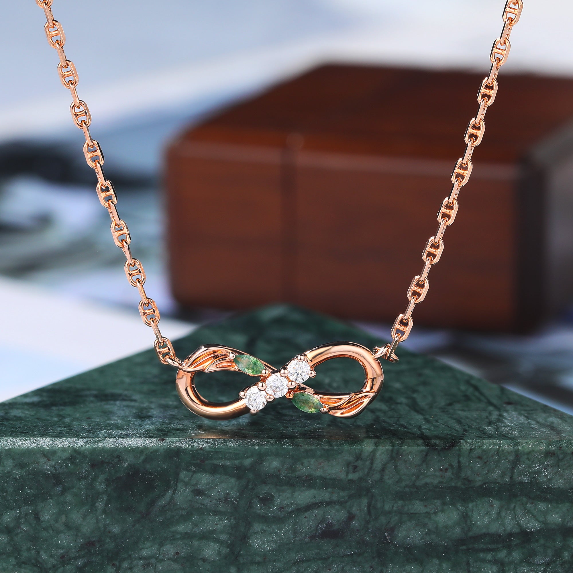 Infinite Moss Agate & Moissanite Necklace with Leaf Engraved