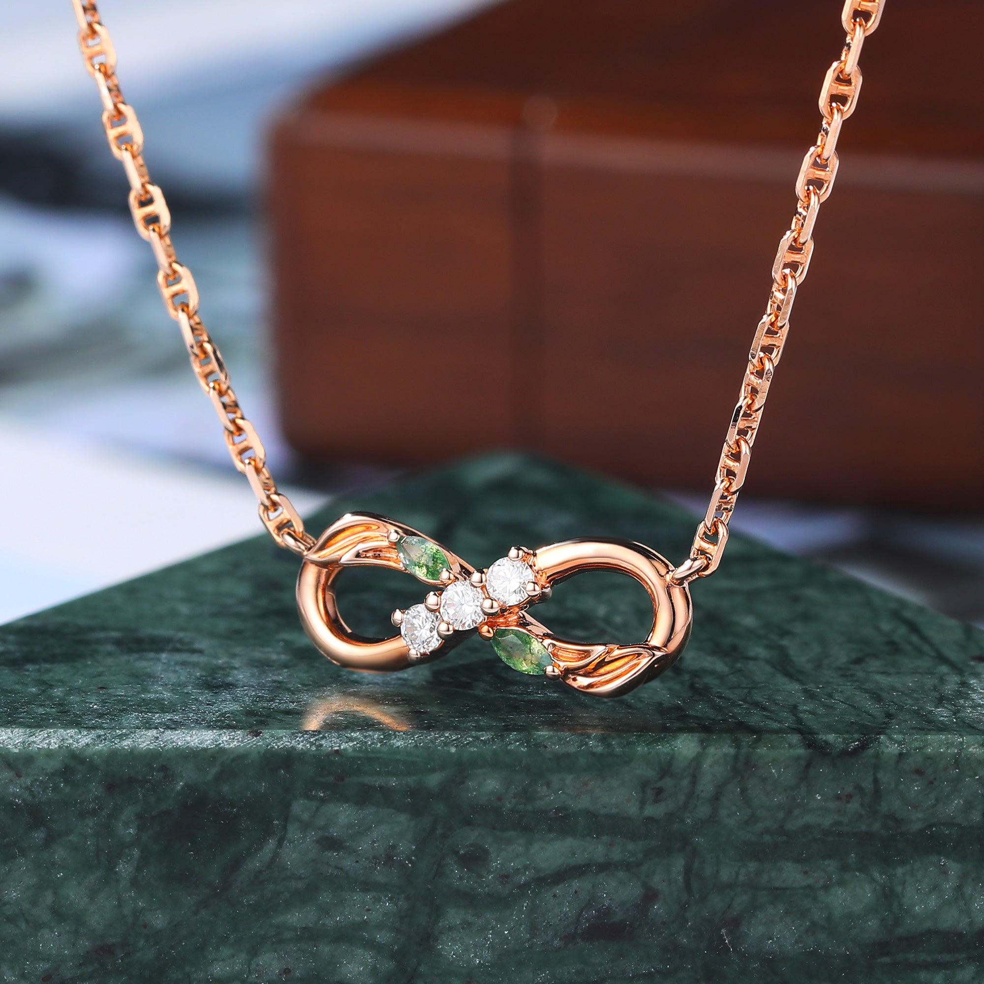 Infinite Moss Agate & Moissanite Necklace with Leaf Engraved